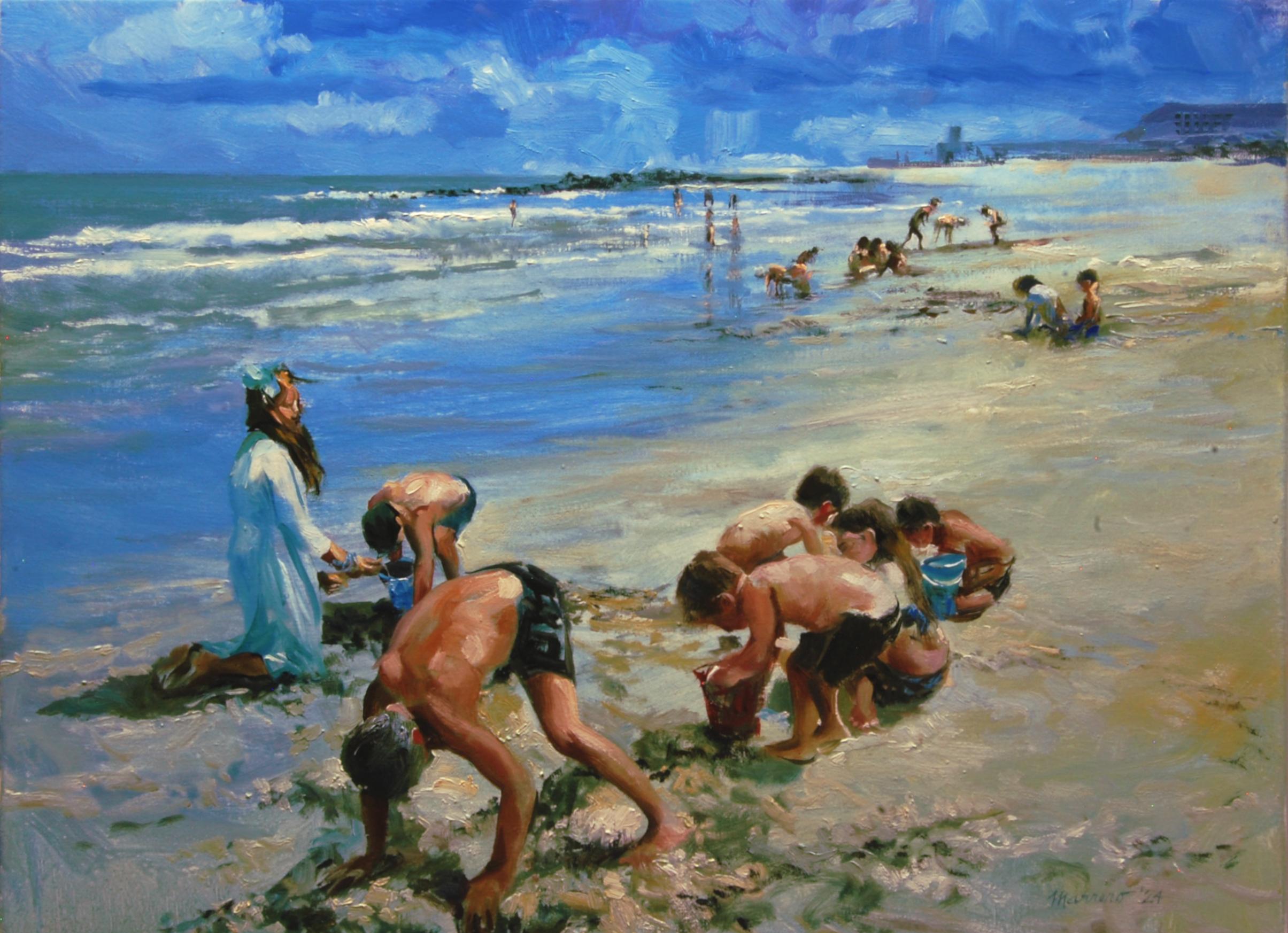 Competition de crabe en sable, peinture à l'huile - Art de Onelio Marrero