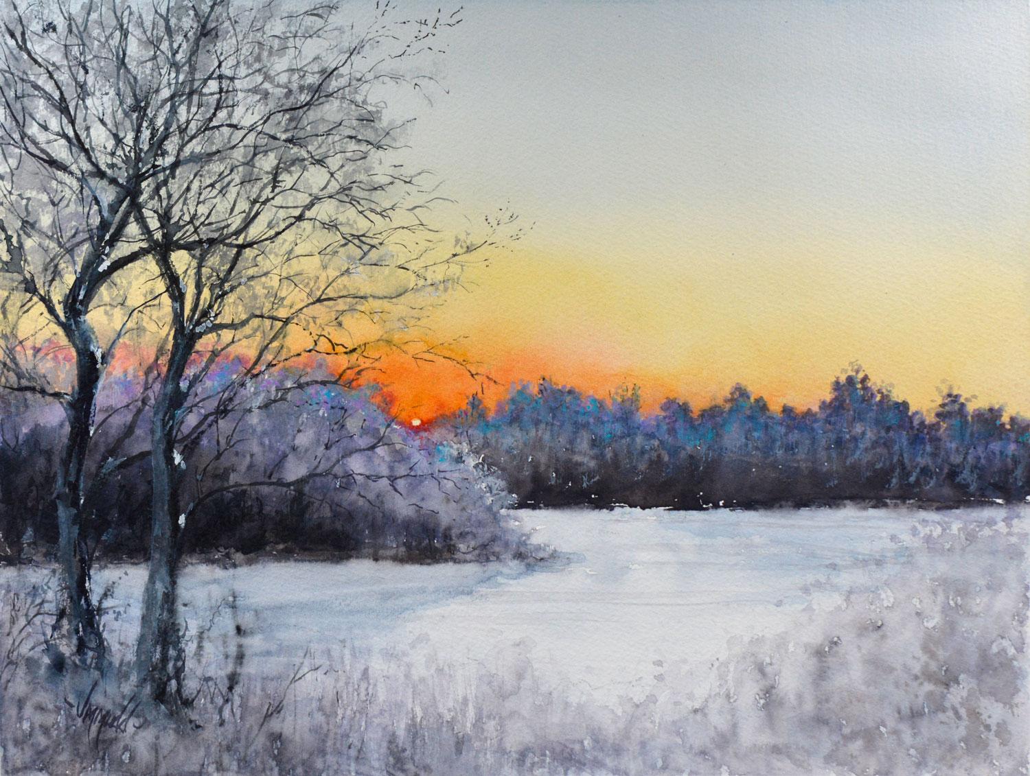Tramonto d'inverno, dipinto originale - Art di Judy Mudd