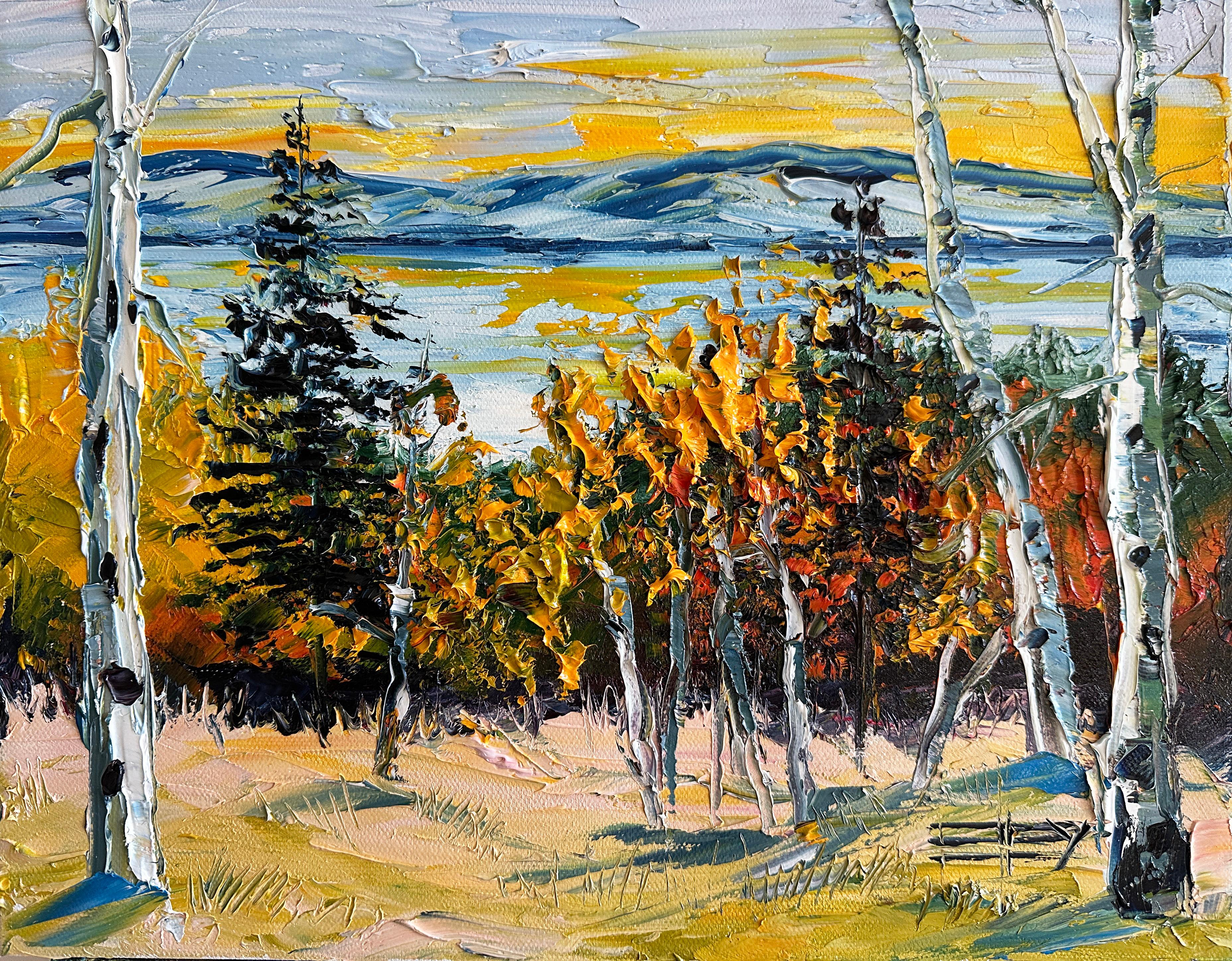 Landscape Painting Lisa Elley - La dernière étreinte du lac Tahoe, peinture à l'huile