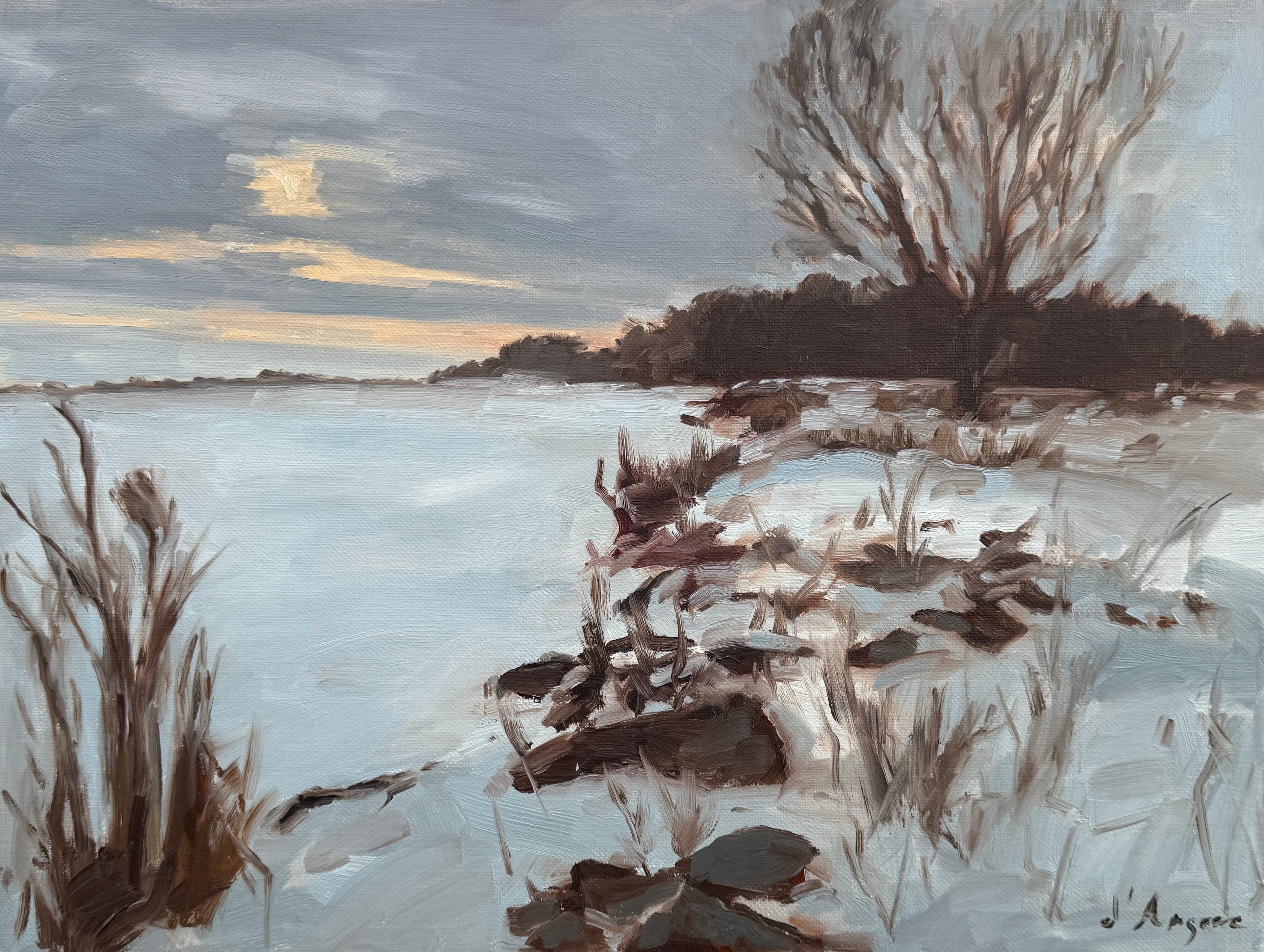 Peinture à l'huile « Winter at the Lake » - Art de Karen d’Angeac Mihm