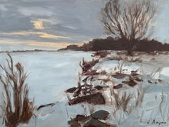 Invierno en el lago, pintura al óleo