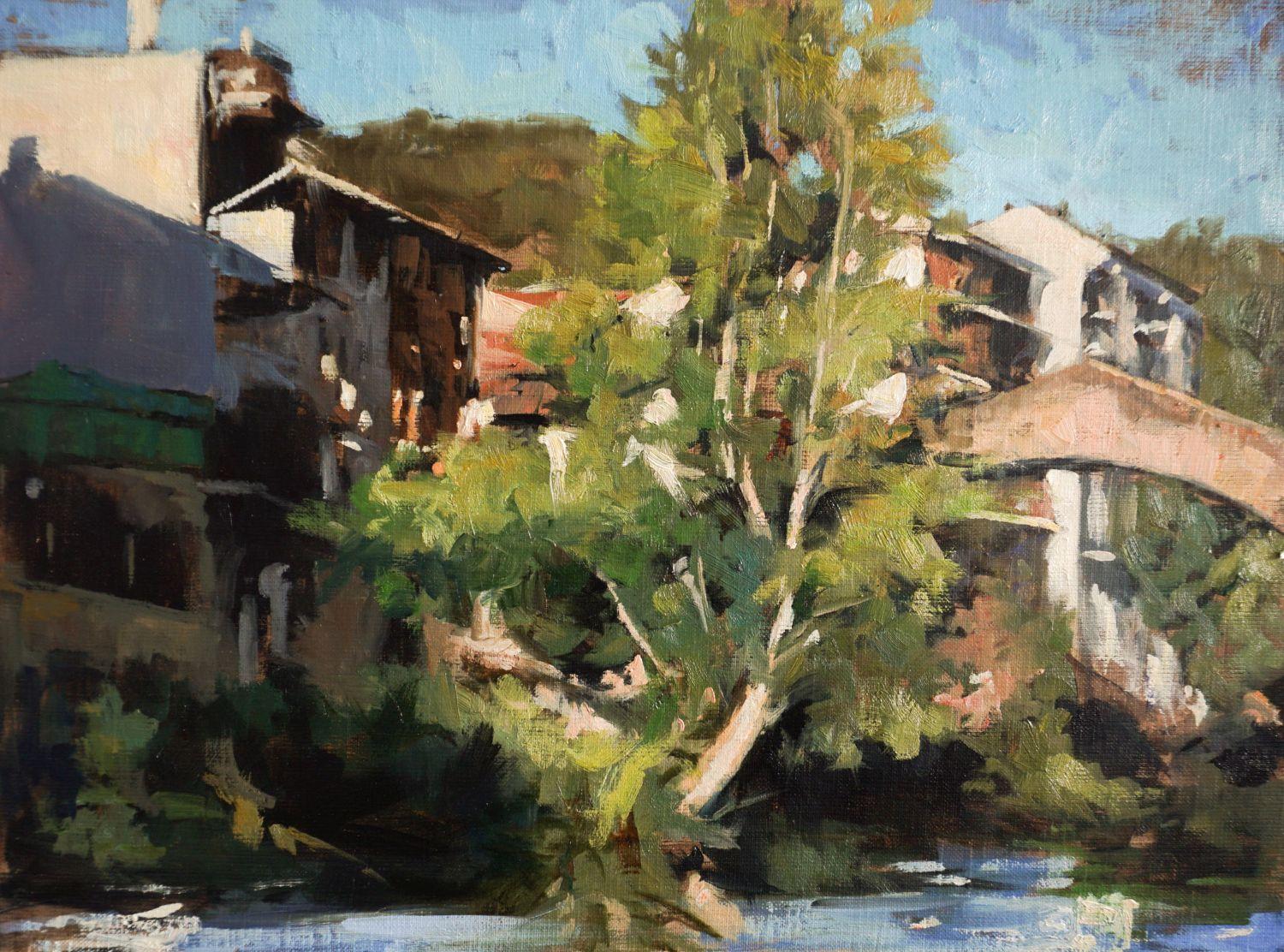 Landscape Painting de Jonelle Summerfield - A lo largo del río en Estella, España, Pintura al óleo