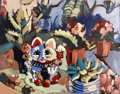 Gato de la suerte y suculentas, Pintura al óleo