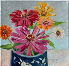 Zinnias en una taza azul, Pintura original