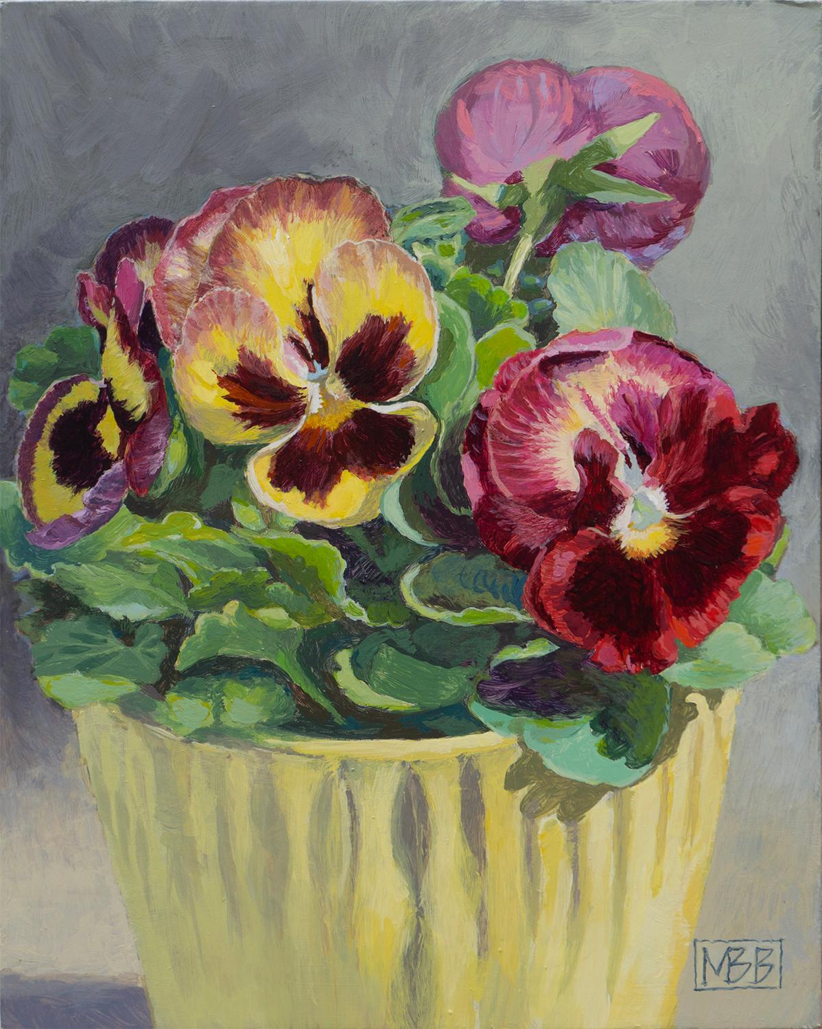 Still-Life Painting de Mary Beatty-Brooks - Pensamientos amarillos, rojos y morados, Pintura original
