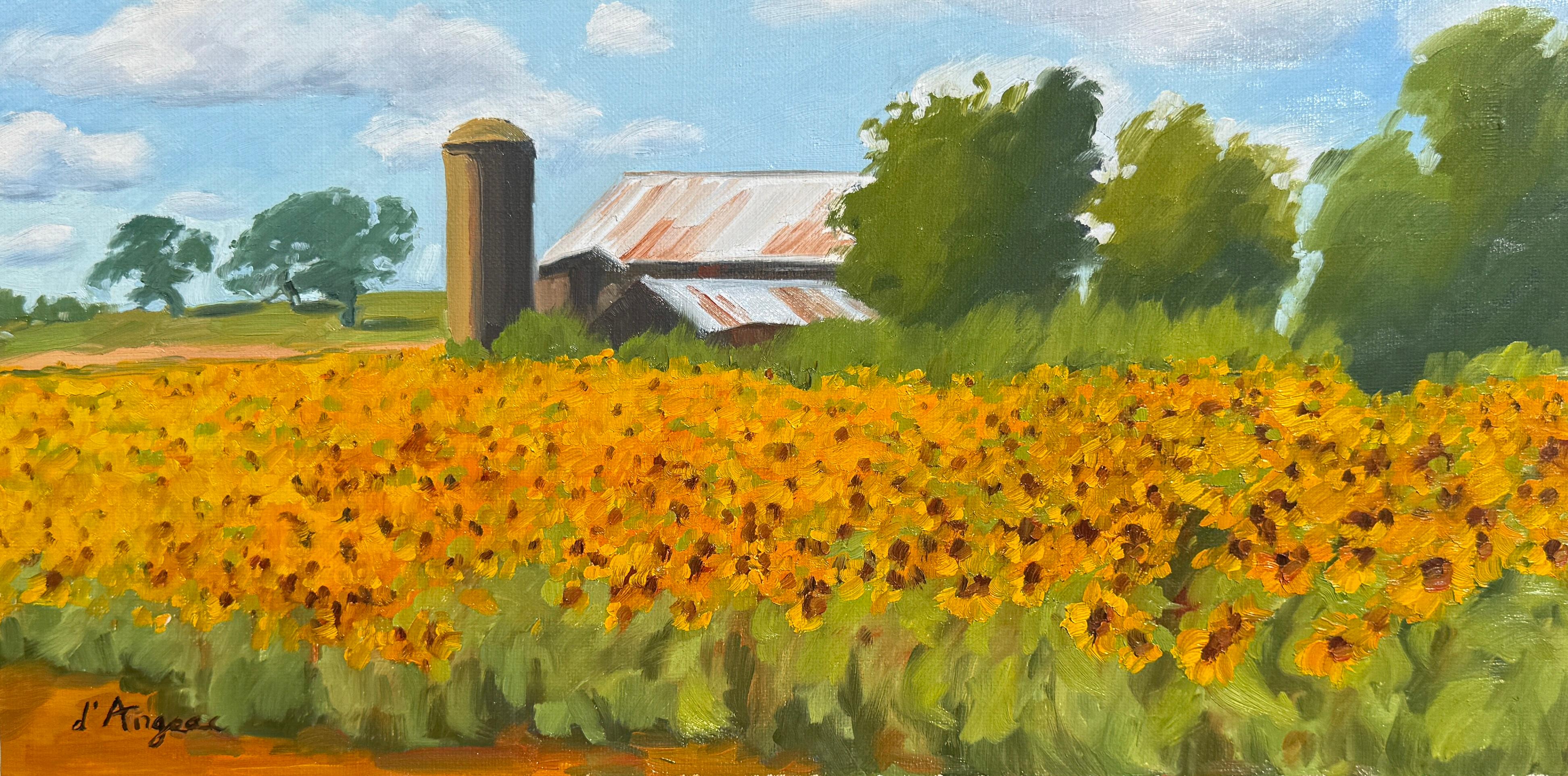 Landscape Painting di Karen d’Angeac Mihm - Campo di girasoli, Pittura a olio