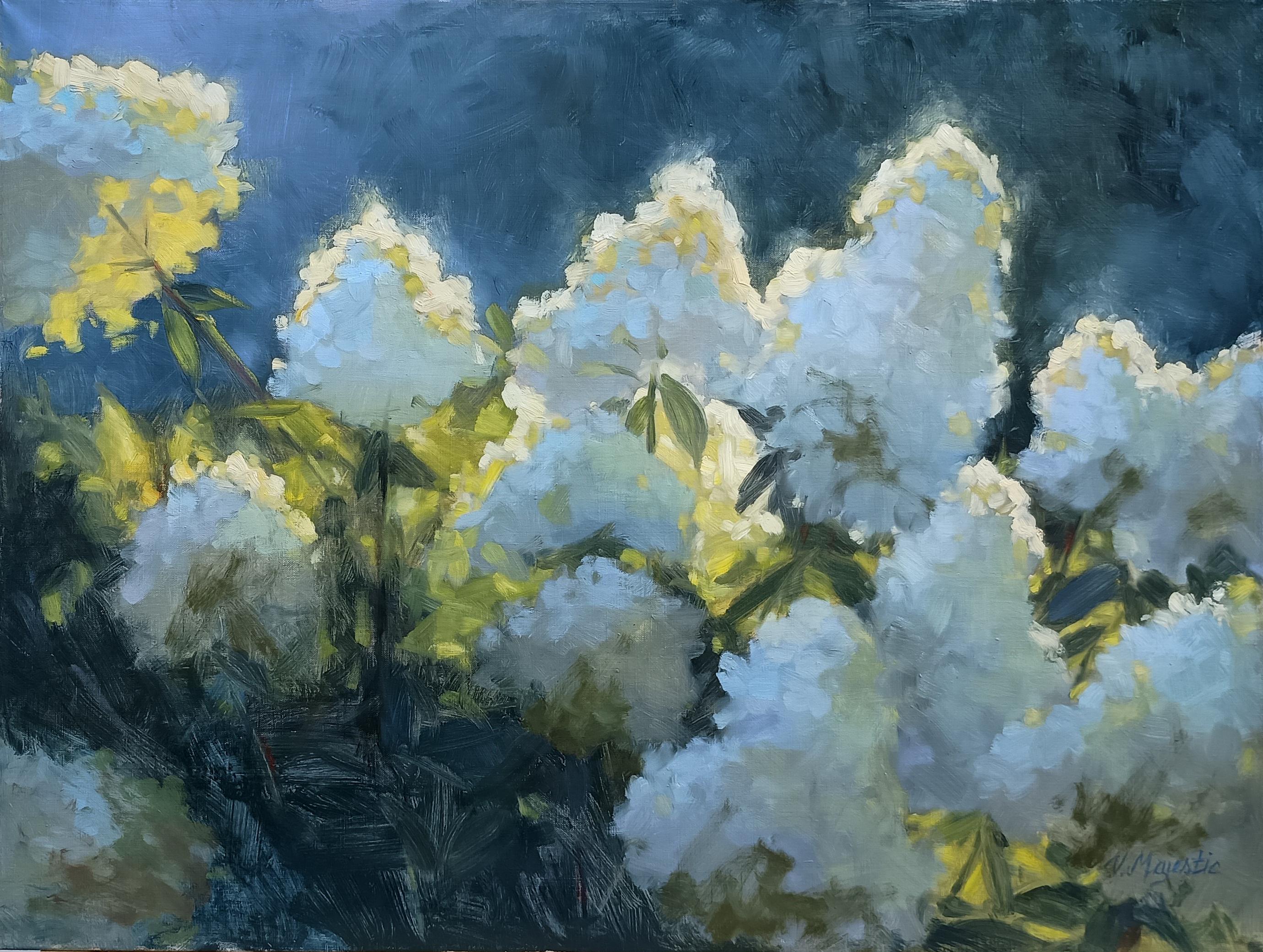 Backlit Lime Hydrangeas, Ölgemälde – Art von Viktoria Majestic