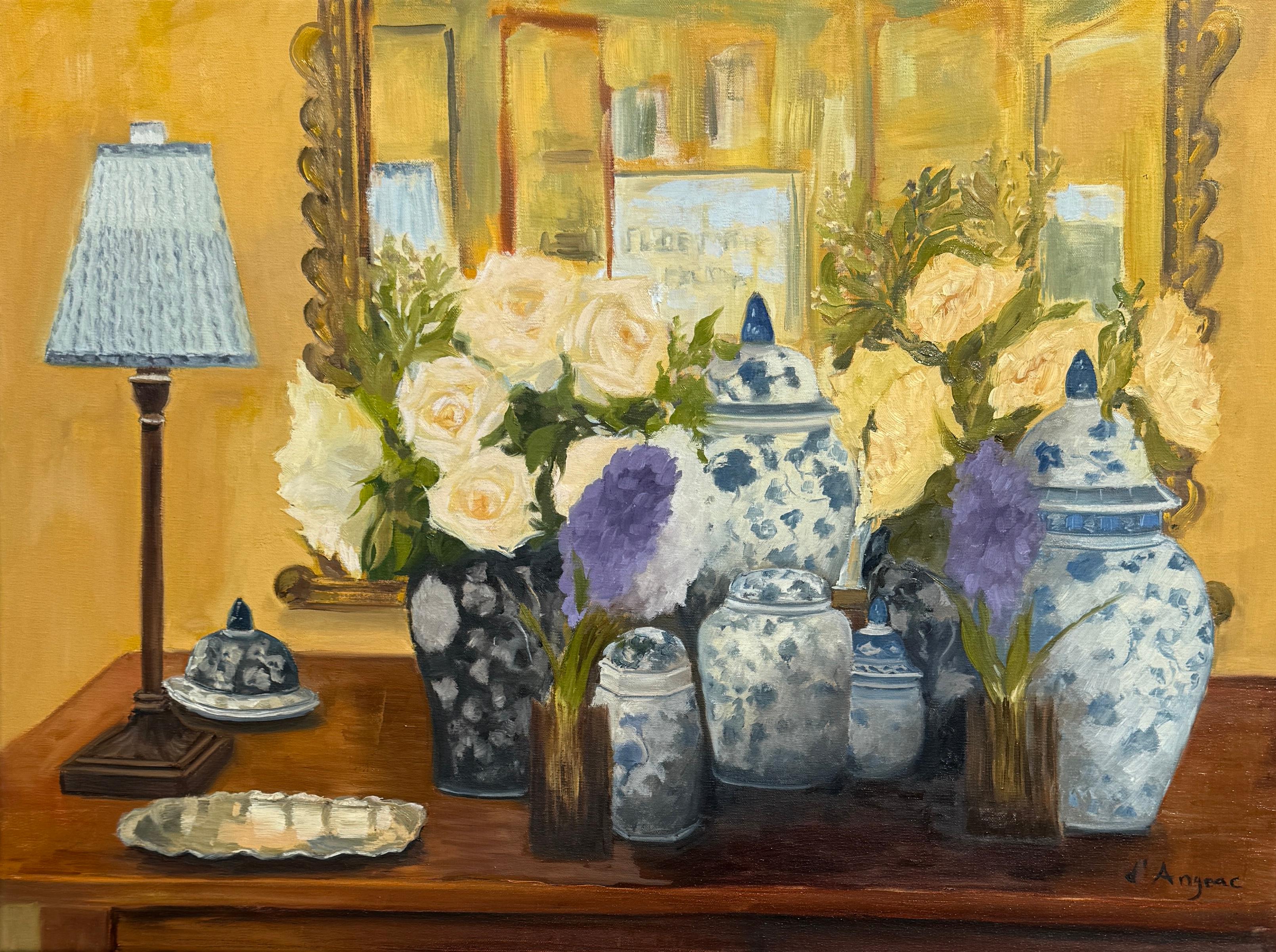 Still-Life Painting di Karen d’Angeac Mihm - Natura morta di porcellana bianca e blu, pittura ad olio