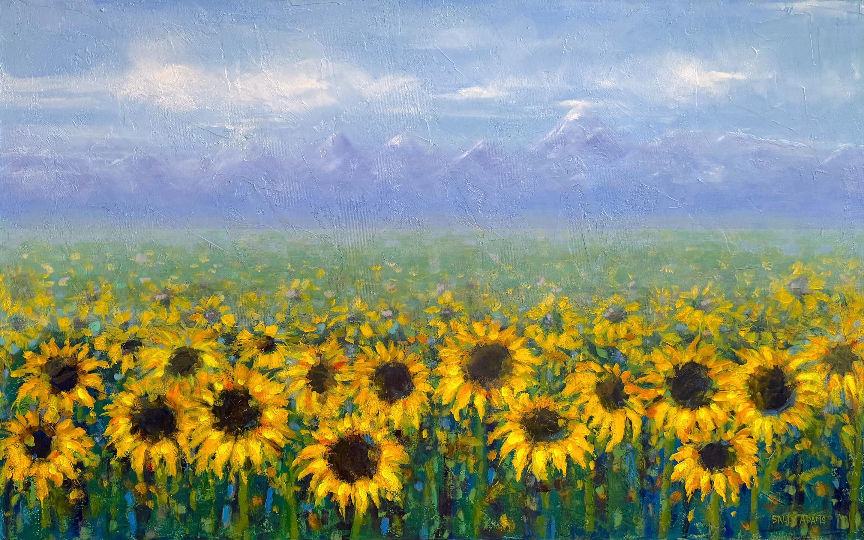 Field of Sunflowers, peinture originale - Art de Sally Adams