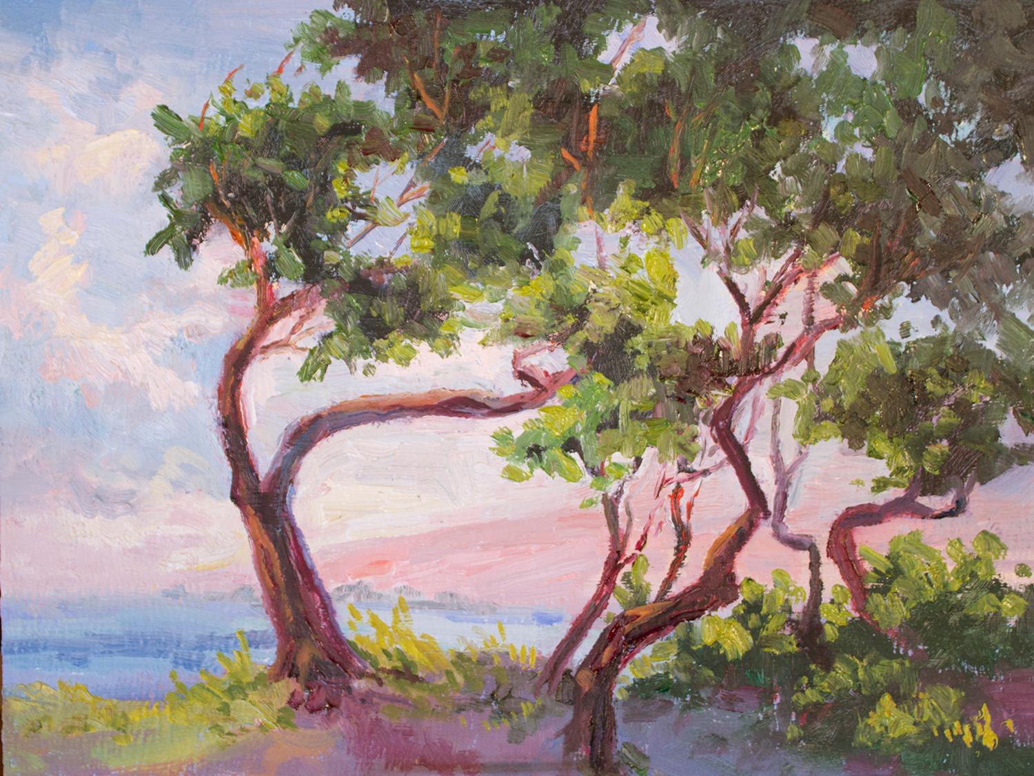 Landscape Painting Karen E Lewis - Windows de plage : Windbent, peinture à l'huile