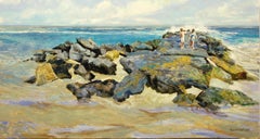 Niños en un embarcadero, Pintura al óleo