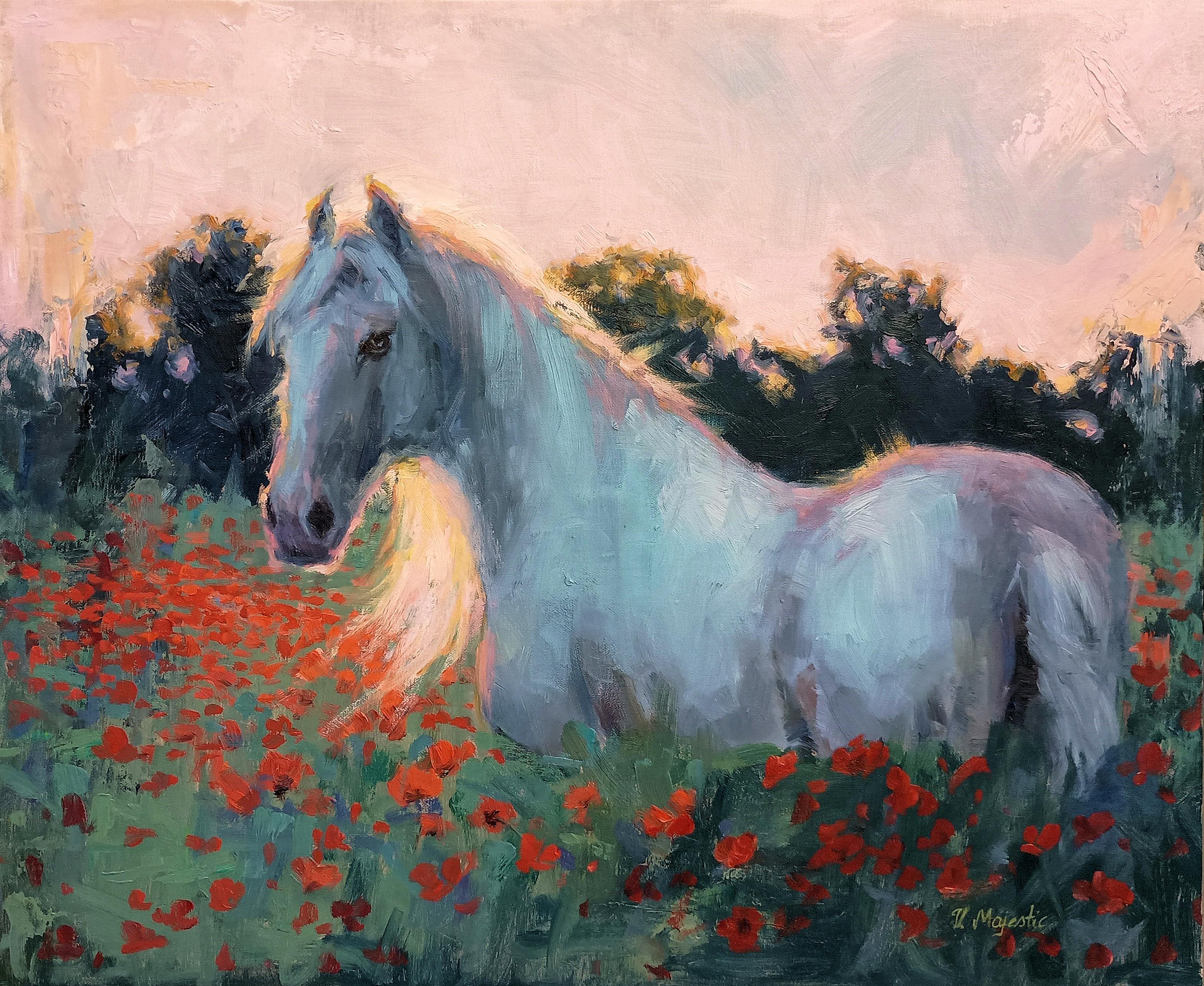 Champ de coquelicots, coucher de soleil, peinture à l'huile