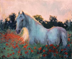 Campo di papaveri al tramonto, pittura a olio
