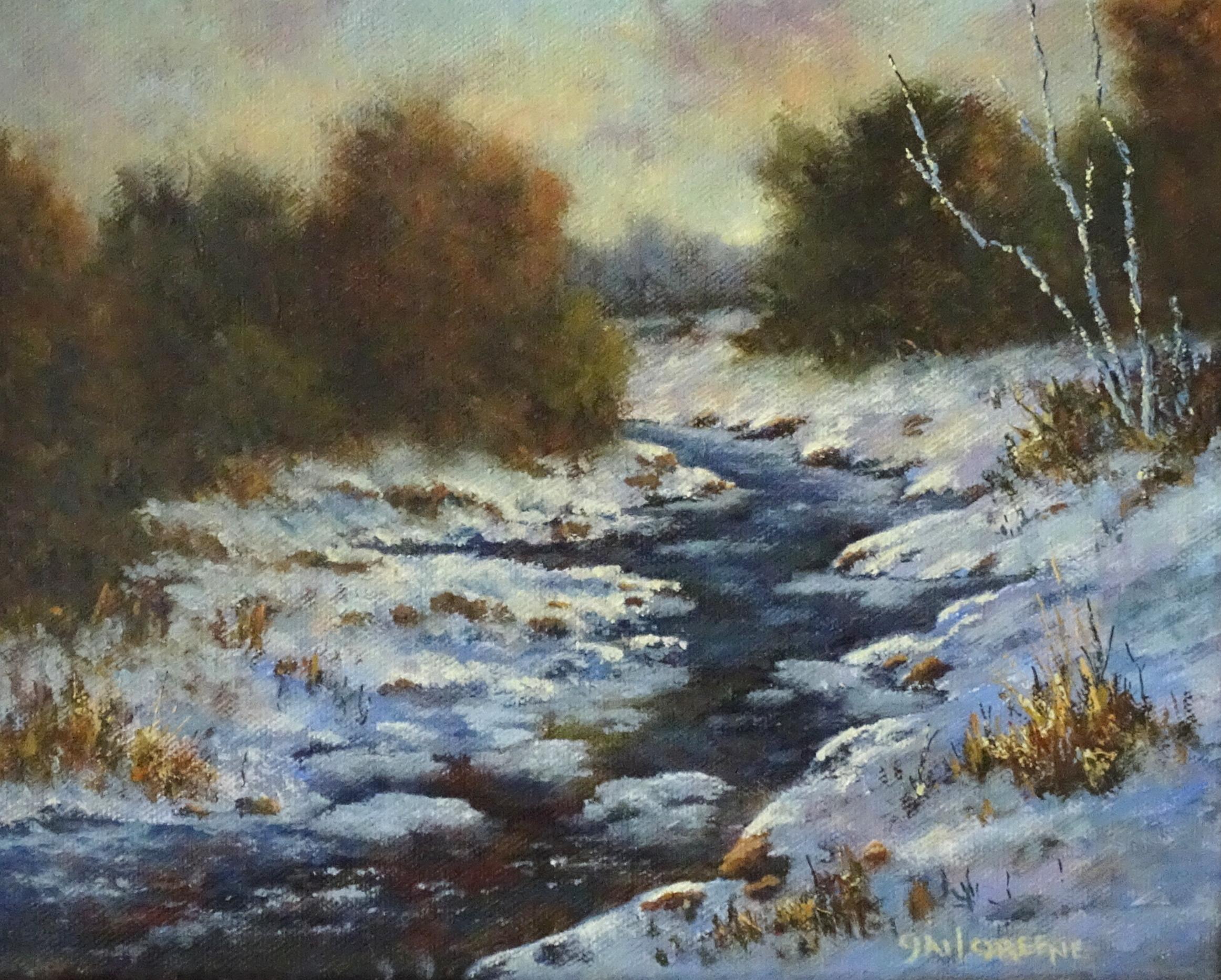 Landscape Painting Gail Greene - Restes de l'automne, peinture à l'huile