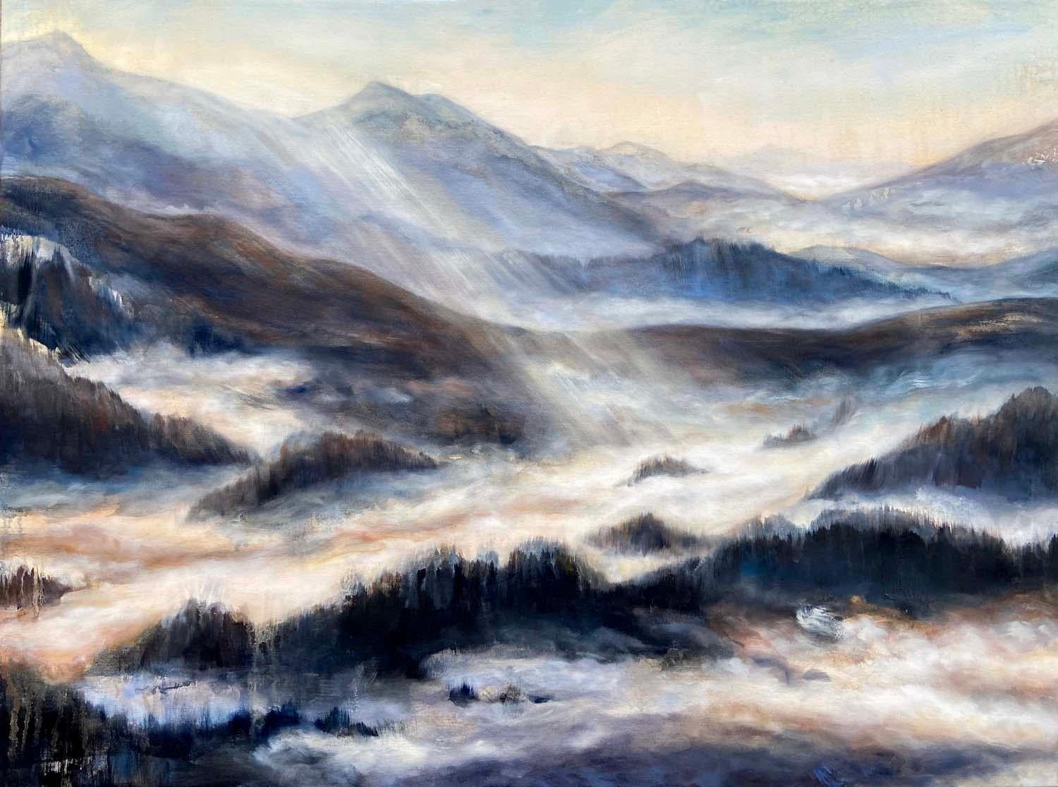 Tiffany Blaise Landscape Painting – Die Zeit wird geerdet, Ölgemälde