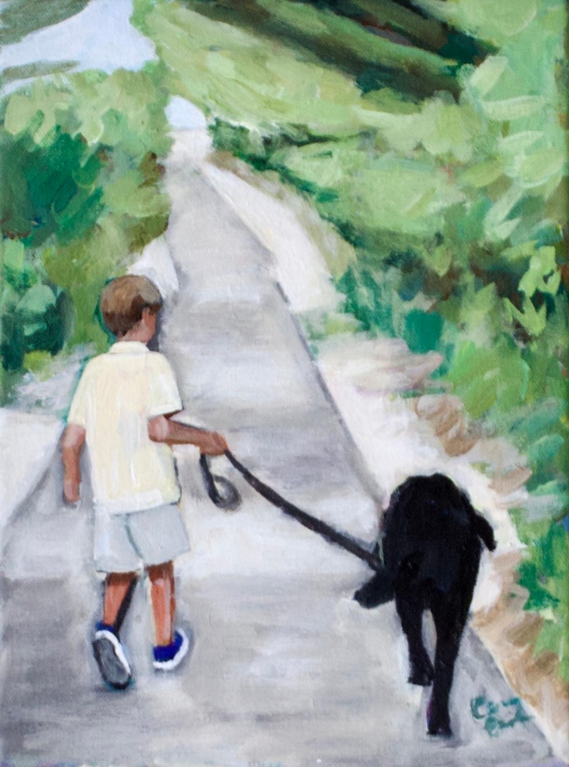 Figurative Painting di Carey Parks - Passeggiata con il cane, dipinto originale