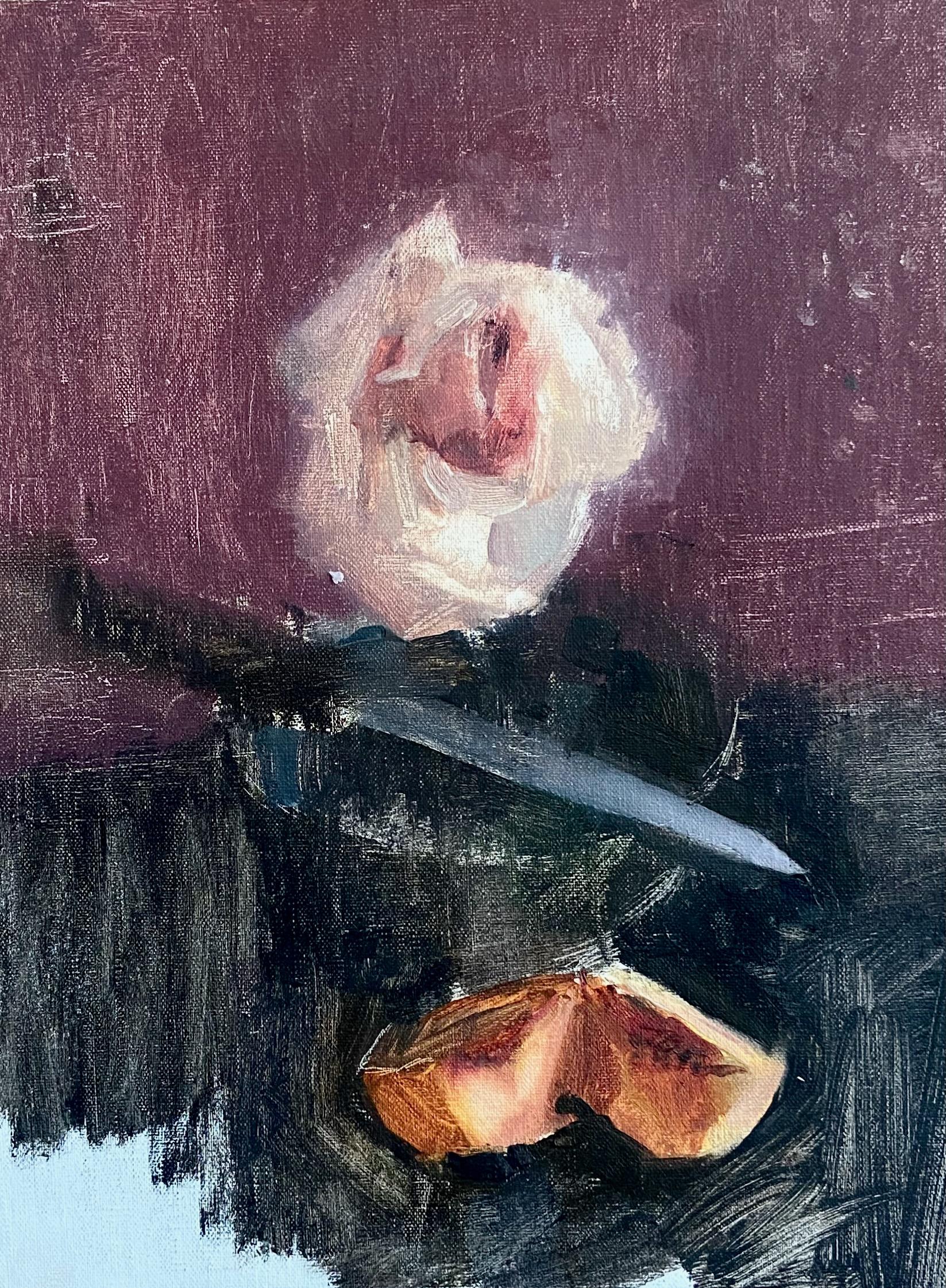 Verwelkende Rose, Pfirsich, Messer, Ölgemälde
