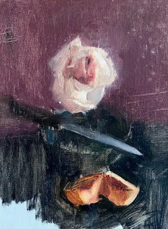 Rose flétrie, pêche, couteau, peinture à l'huile
