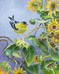 Goldfinch in a Tangle of Sunflowers, Original Painting