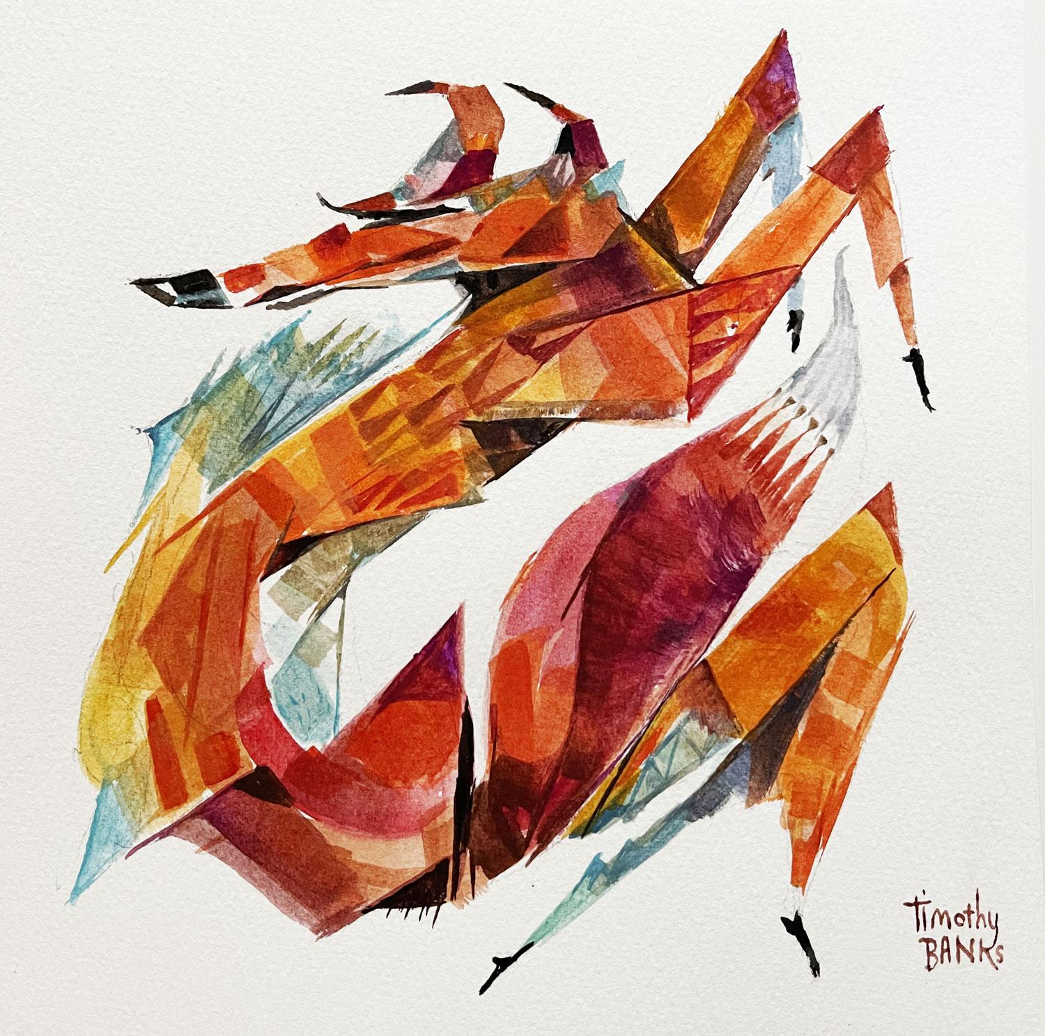 Volpe in volo, dipinto originale - Art di Timothy Banks