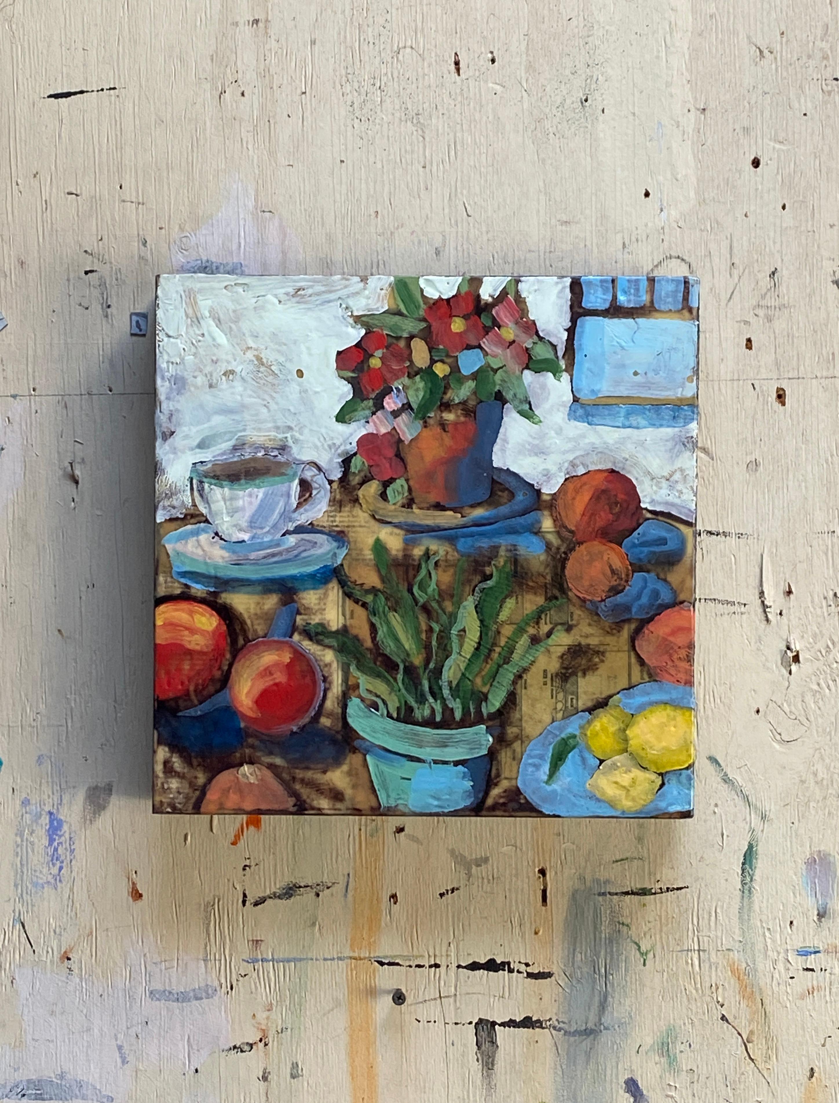 <p>Artist Comments<br>A vibrant encaustic still life featuring a table with fruits, plants, and a cup of coffee by artist James Hartman. Over the years, James has developed his own creative encaustic process. He paints on a collage base and coats it