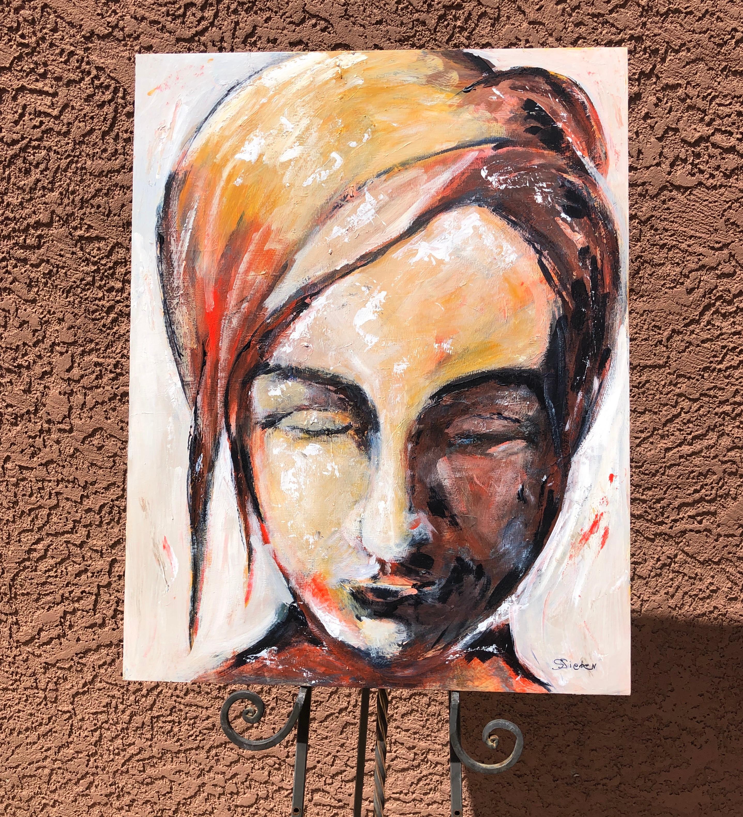 Soul Searching, Original Painting - Beige Figurative Painting by Sharon Sieben