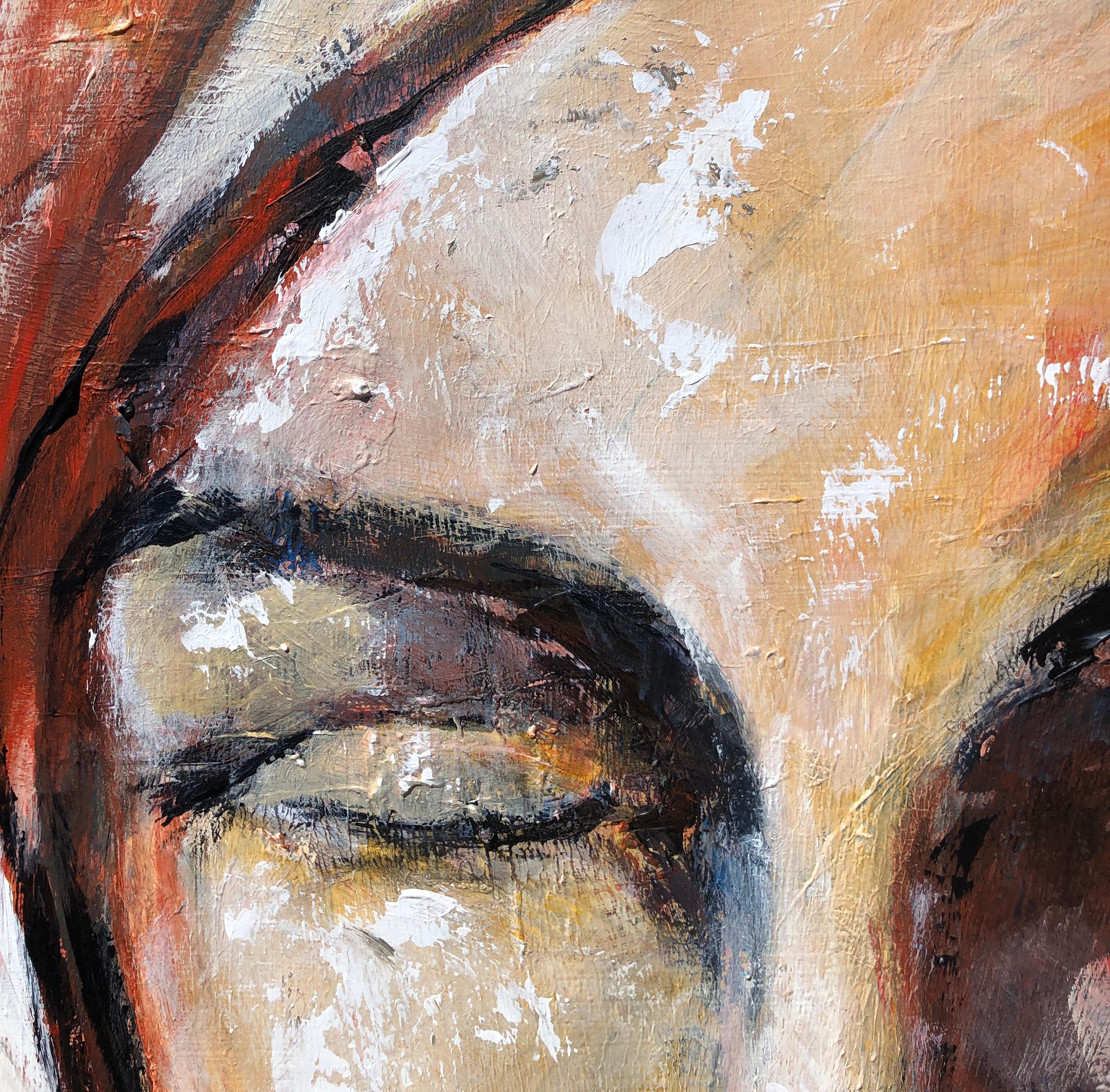 <p>Artist Comments<br>Artist Sharon Sieben presents an expressive portrait of a woman in warm tones of red, maroon, beige, and ochre. With her eyes closed and head tilted forward, she stills and gathers herself in silent meditation. 
