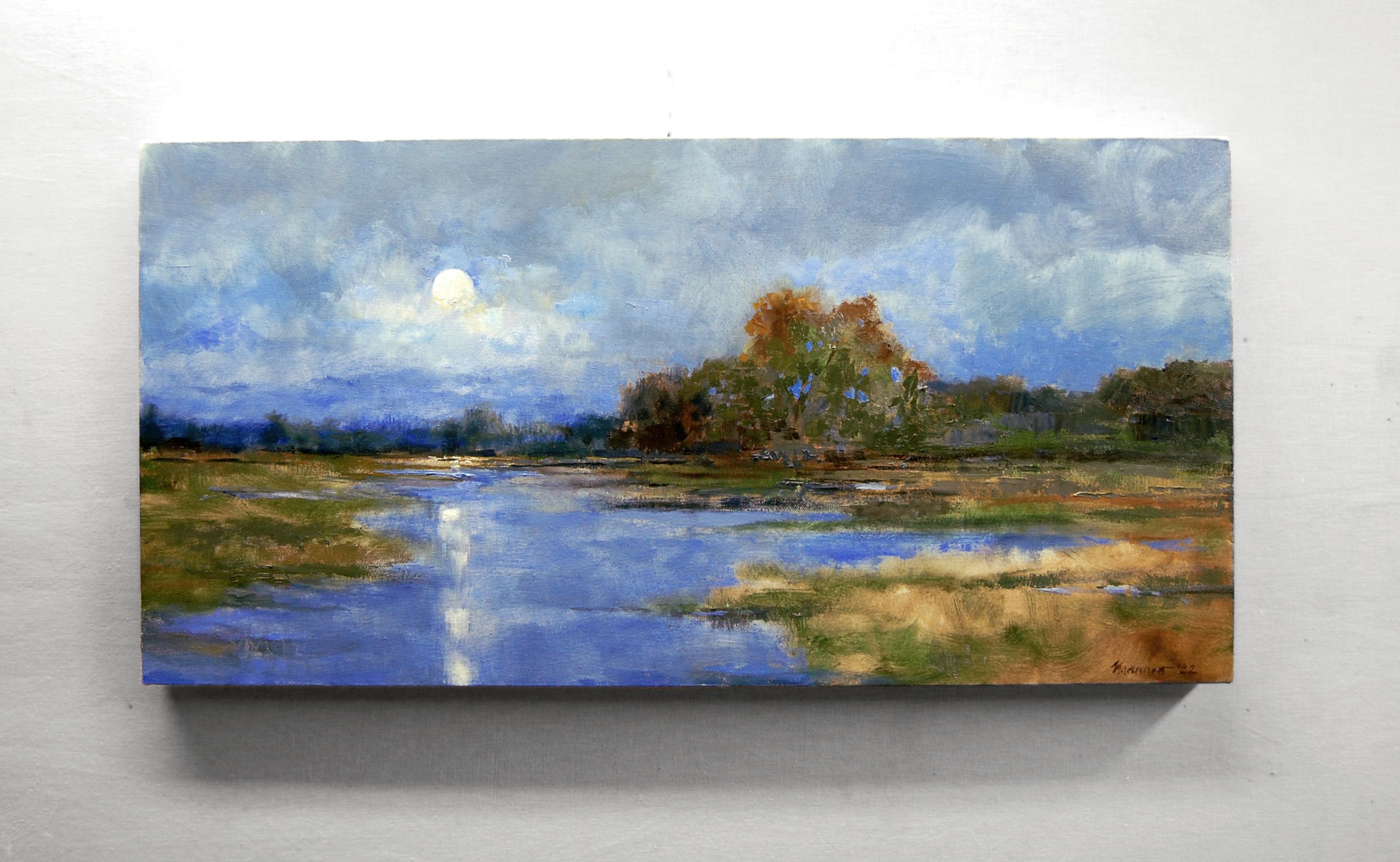 Morning Moon and Cloud Cover, Oil Painting - Gray Landscape Painting by Onelio Marrero