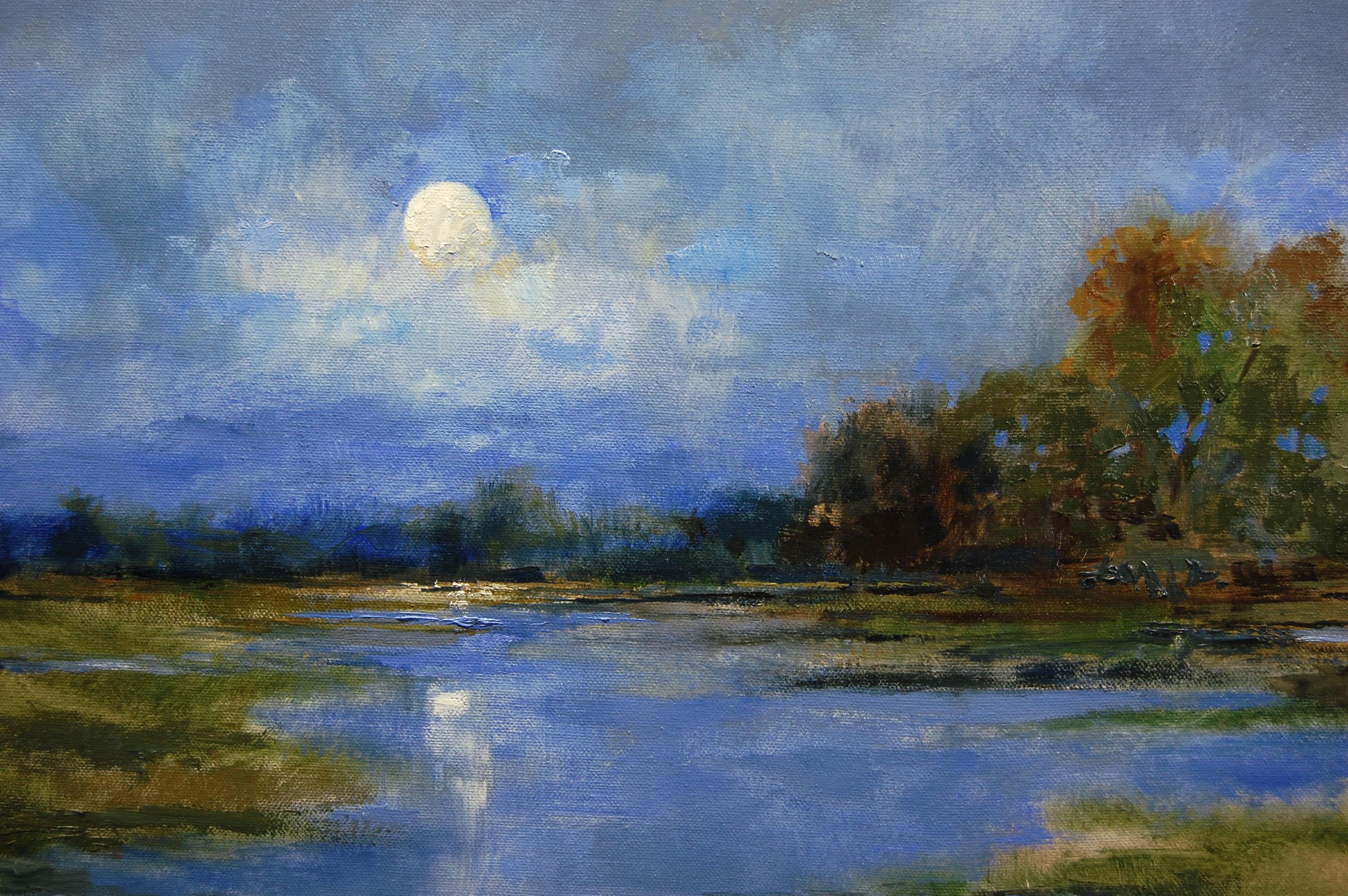 <p>Artist Comments<br>Working from memory, artist Onelio Marrero paints a full moon in the early morning hours over the salt marshes in coastal New Jersey. The silvery glow in the early morning hours reflects dreamily onto still waters. 