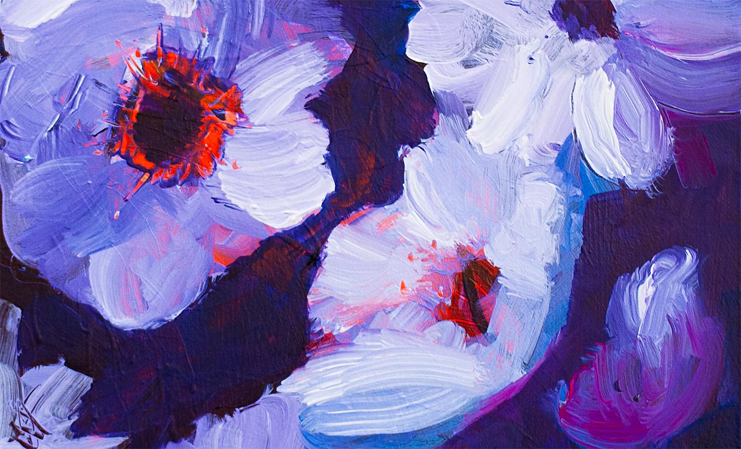 <p>Commentaires de l'artiste<br>â€œLes pétales d'une fleur blanche s'entremêlent dans un champ de violet profond et ressemblent à des danseurs exprimant leur joie et leur énergieâ€, explique l'artiste Ruth-Anne Siegel. Elle crée de