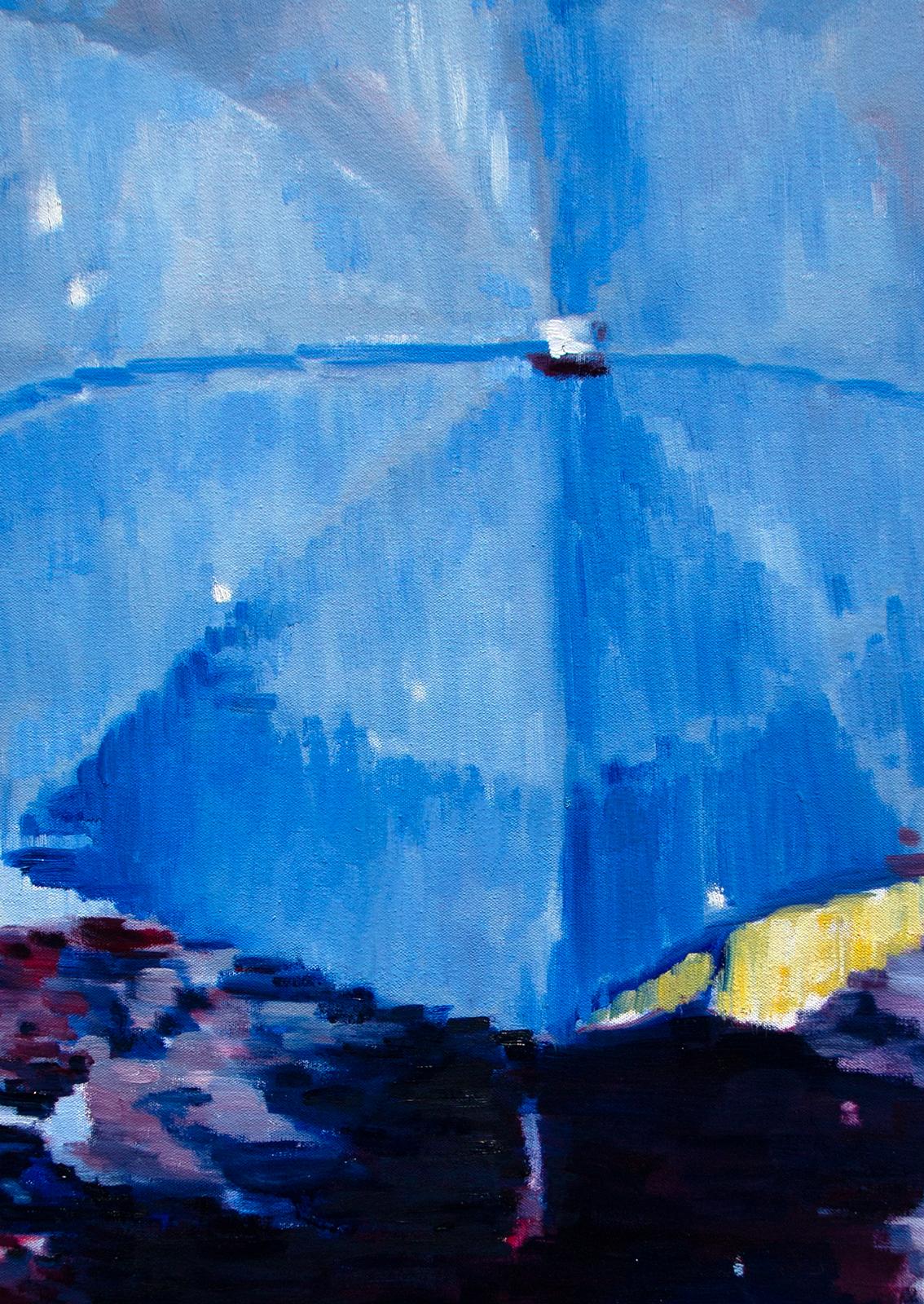 Peinture à l'huile, gouttes de pluie à Paris - Bleu Figurative Painting par Warren Keating