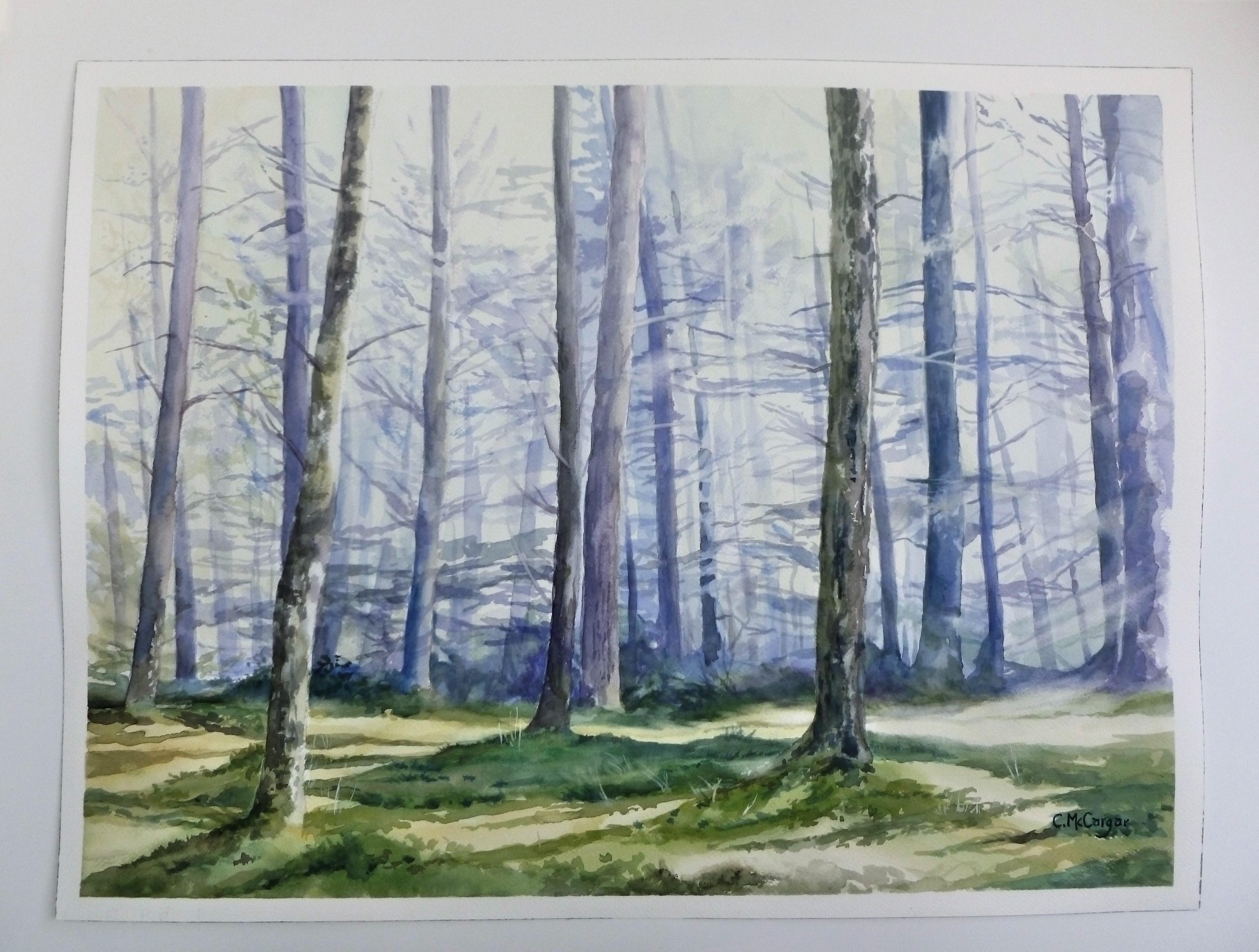 <p>Kommentare der Künstlerin<br>Die Künstlerin Catherine McCargar zeigt eine verträumte Waldlichtung in zarten Farben. Die Bäume säumen die Landschaft und werfen Schatten auf das winterliche Terrain. Ein friedlicher und meditativer Anblick, bei dem