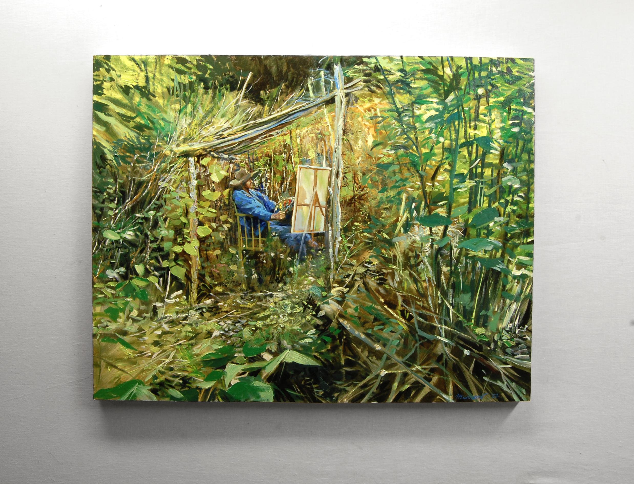 <p>Artist Comments<br>Artist Onelio Marrero paints an impressionist scene of a man painting under a makeshift structure of fallen trees. The idyllic shelter shades him from the sun. He draws inspiration from one of his walks along an area of wetland