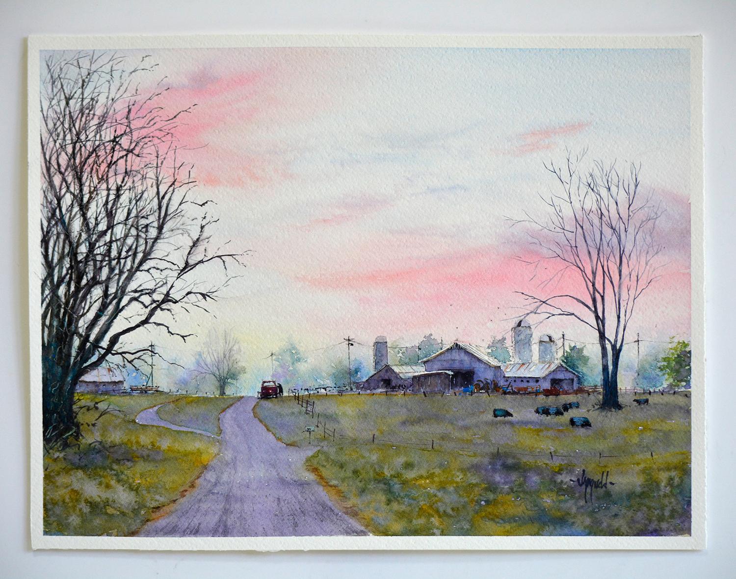 <p>Commentaires de l'artiste<br />L'artiste Judy Mudd peint un coucher de soleil rose et rêveur dans un charmant paysage de campagne. Fait partie de sa série de paysages ruraux de l'arrière-pays. Elle s'inspire de l'apparition fascinante, mais rare,