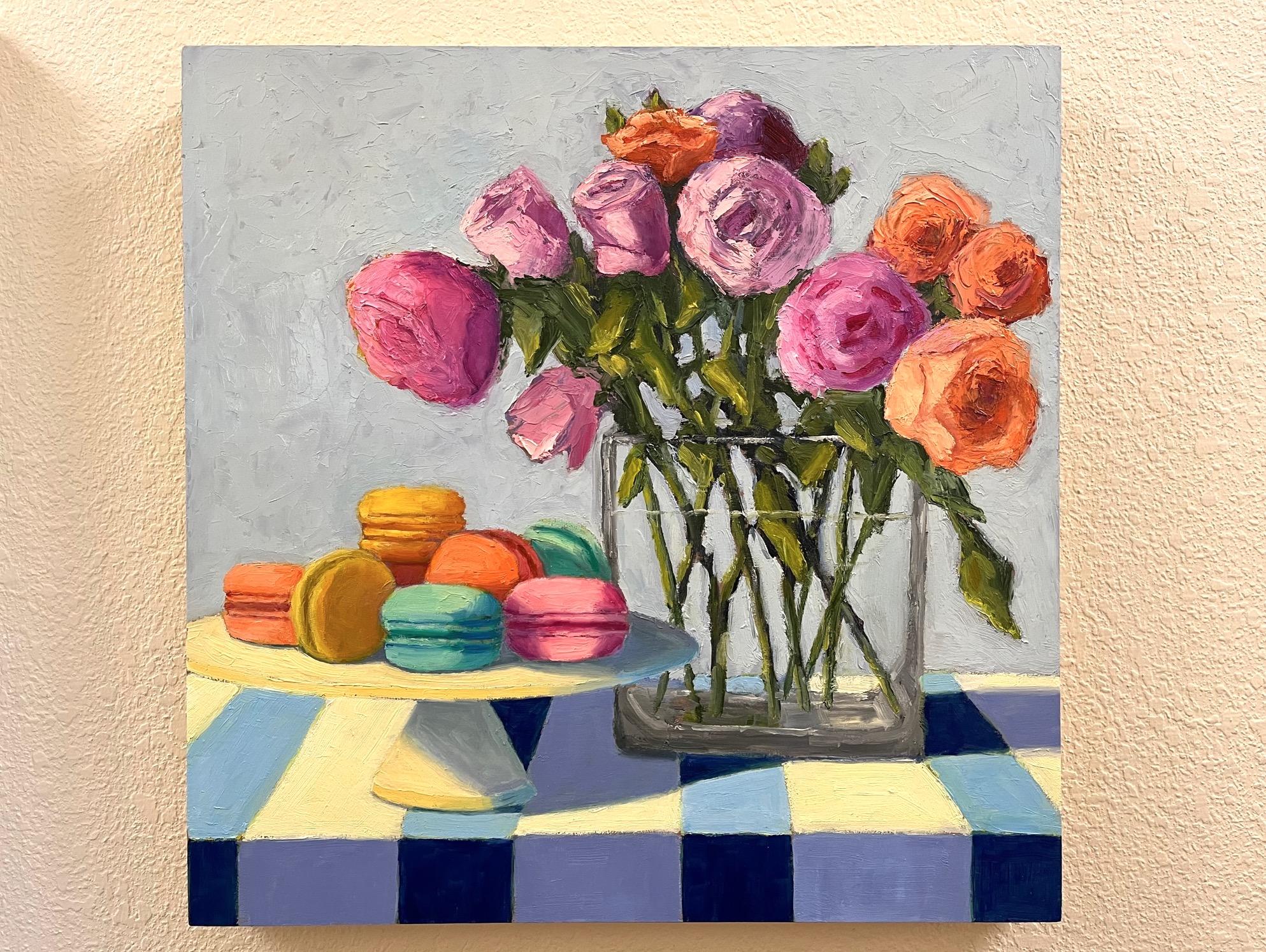 Roses on Blue Stripes, Oil Painting - Gray Still-Life Painting by Pat Doherty