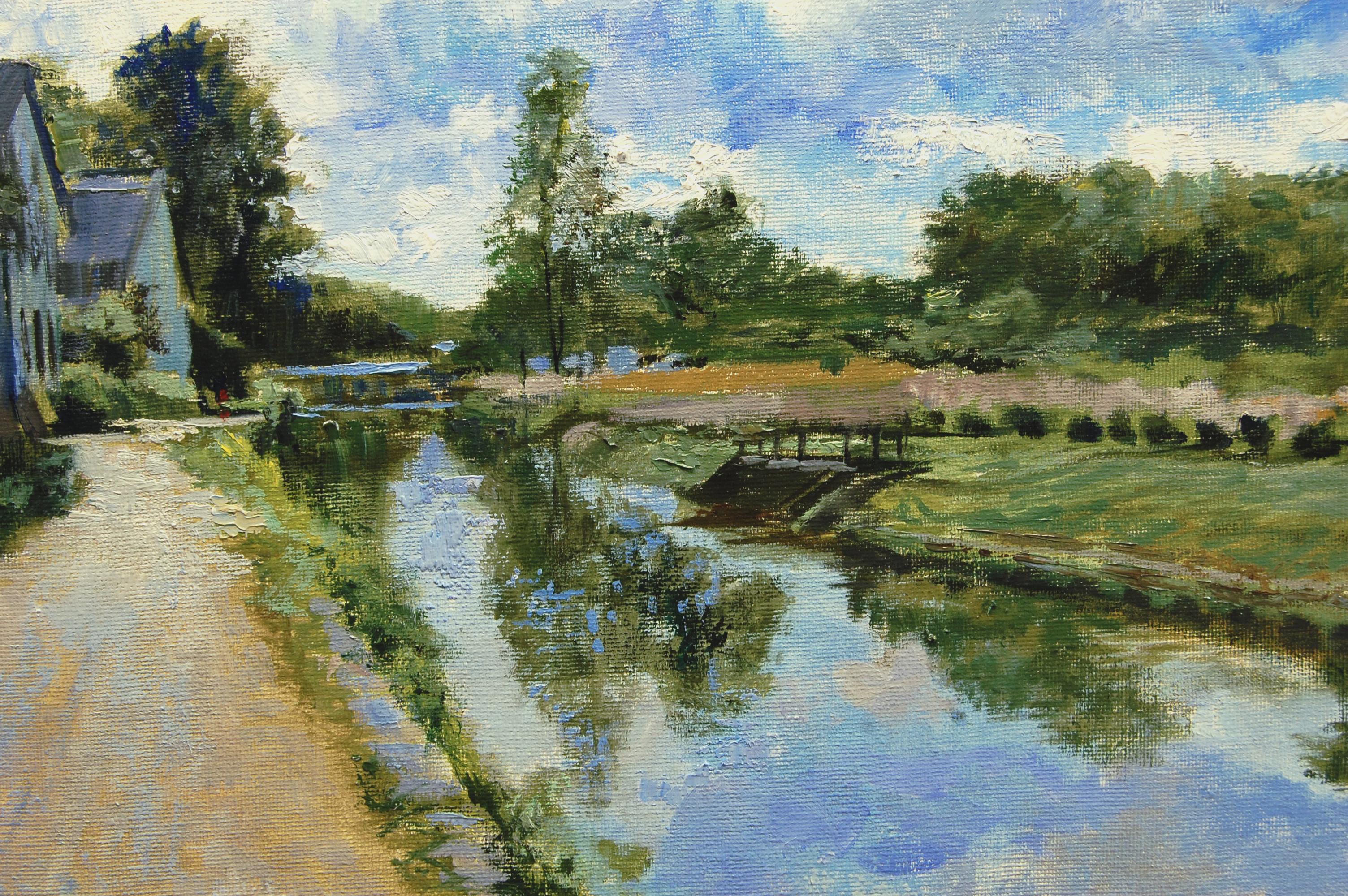 Canale di Lambertville, Pittura a olio - Landscape Painting Grigio di Onelio Marrero