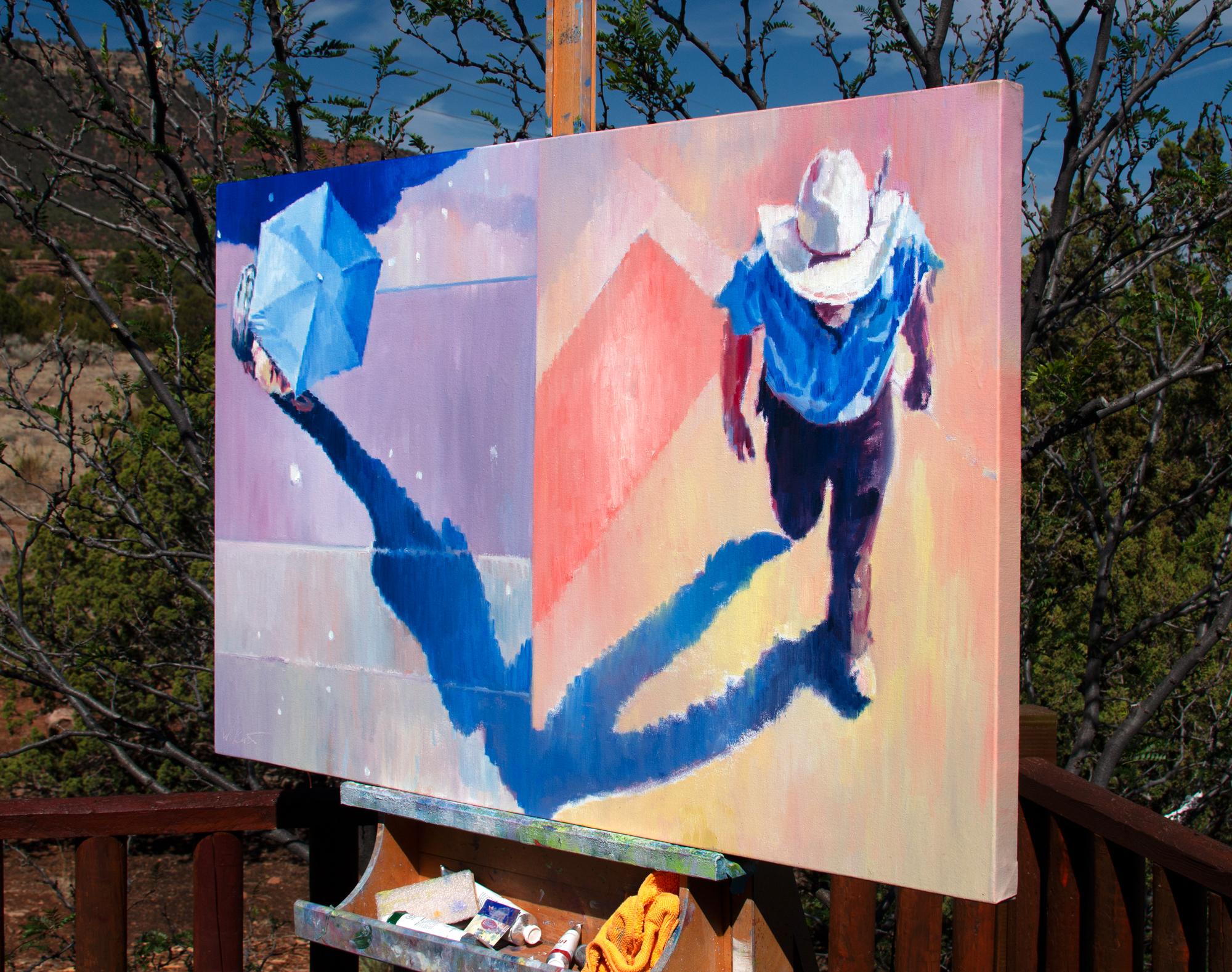 Parapluie bleue et cow-boy, peinture à l'huile - Impressionnisme abstrait Art par Warren Keating