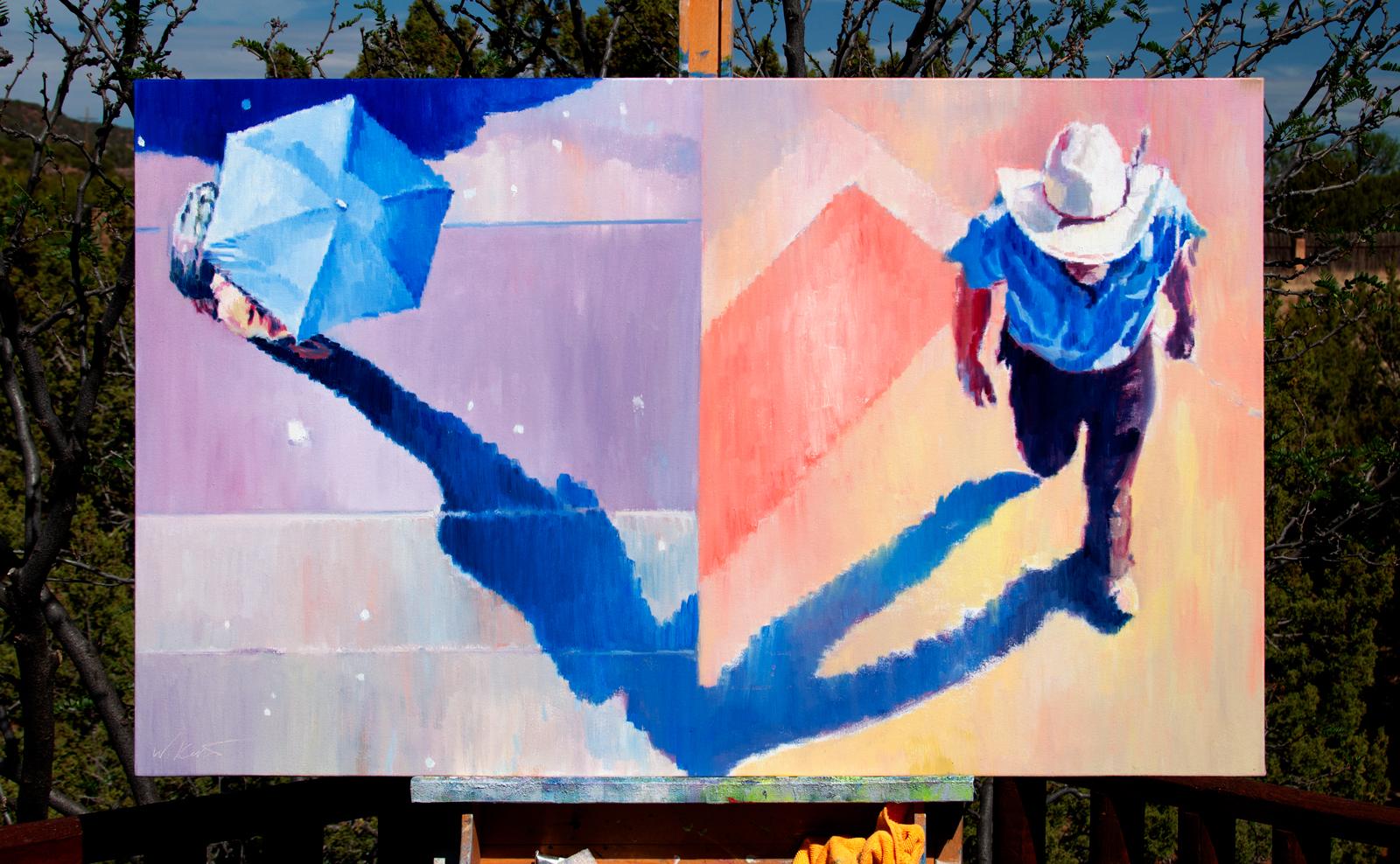 <p>Commentaires de l'artiste<br>L'artiste Warren Keating relie deux scènes aériennes expressives d'une personne tenant un parapluie et d'un cow-boy se pavanant. Leurs ombres bleues et froides convergent et relient les deux scènes distinctes. Son