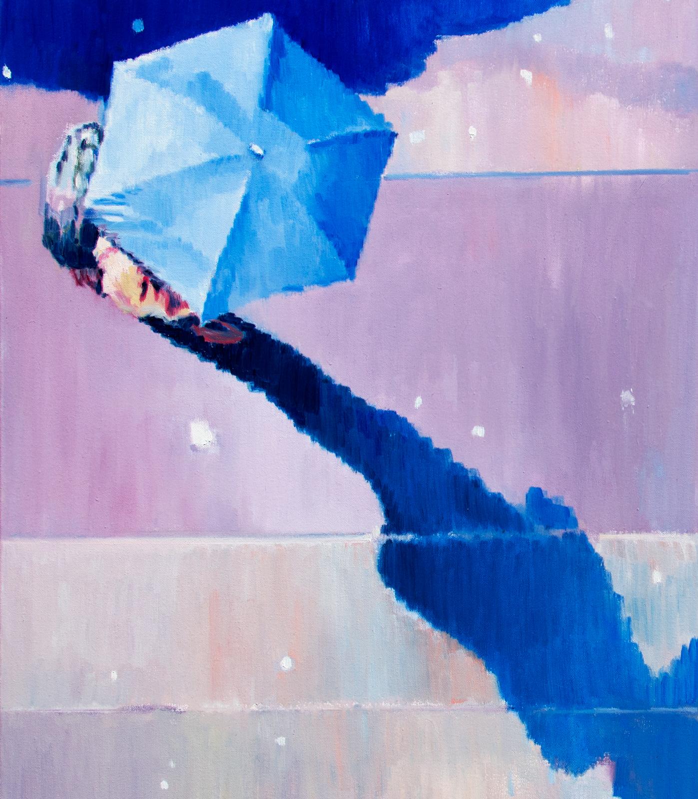 Blue Umbrella and Cowboy, Oil Painting - Abstract Impressionist Art by Warren Keating