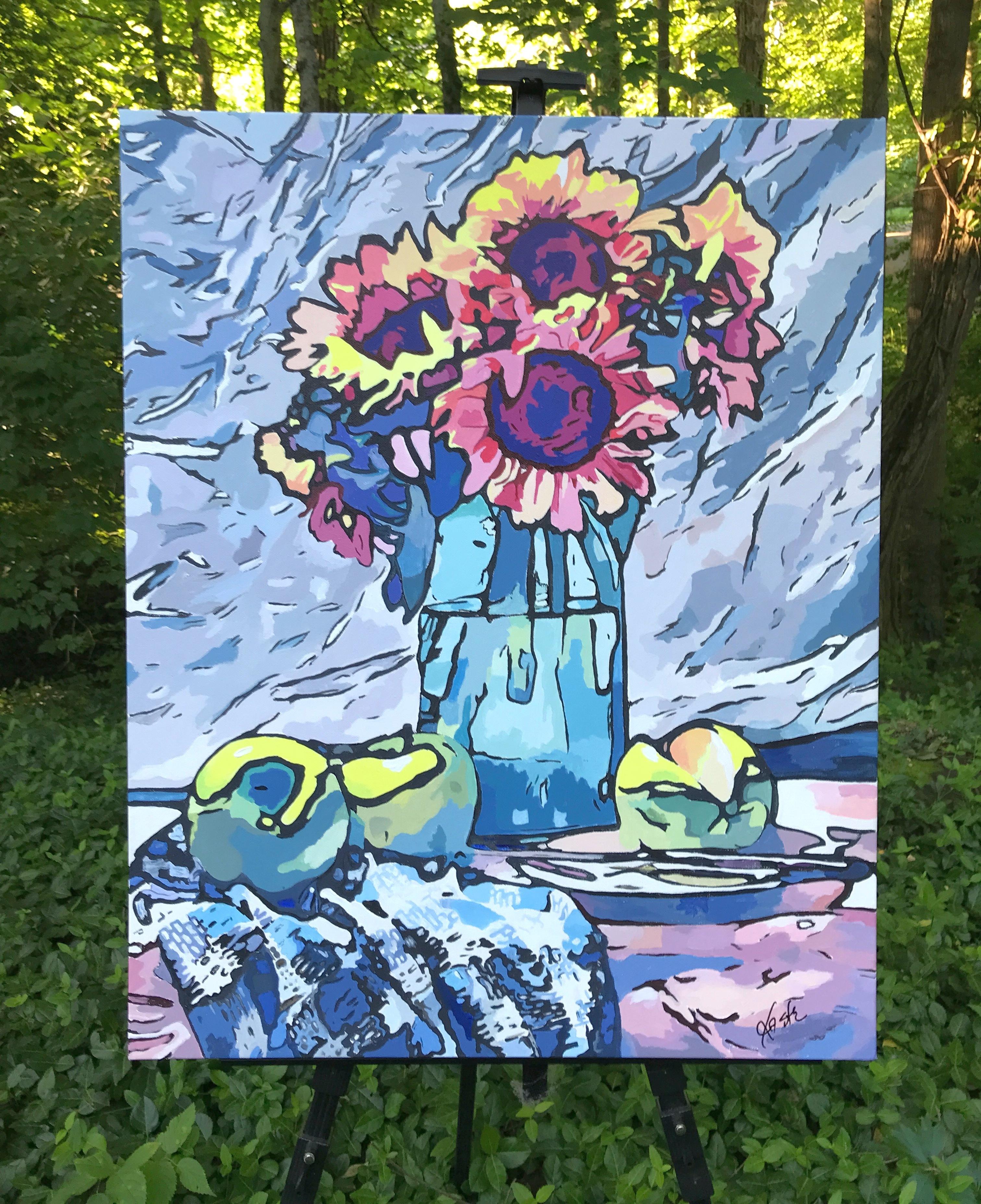 Sunflower Medley with Apples, Original Painting - Blue Still-Life Painting by John Jaster