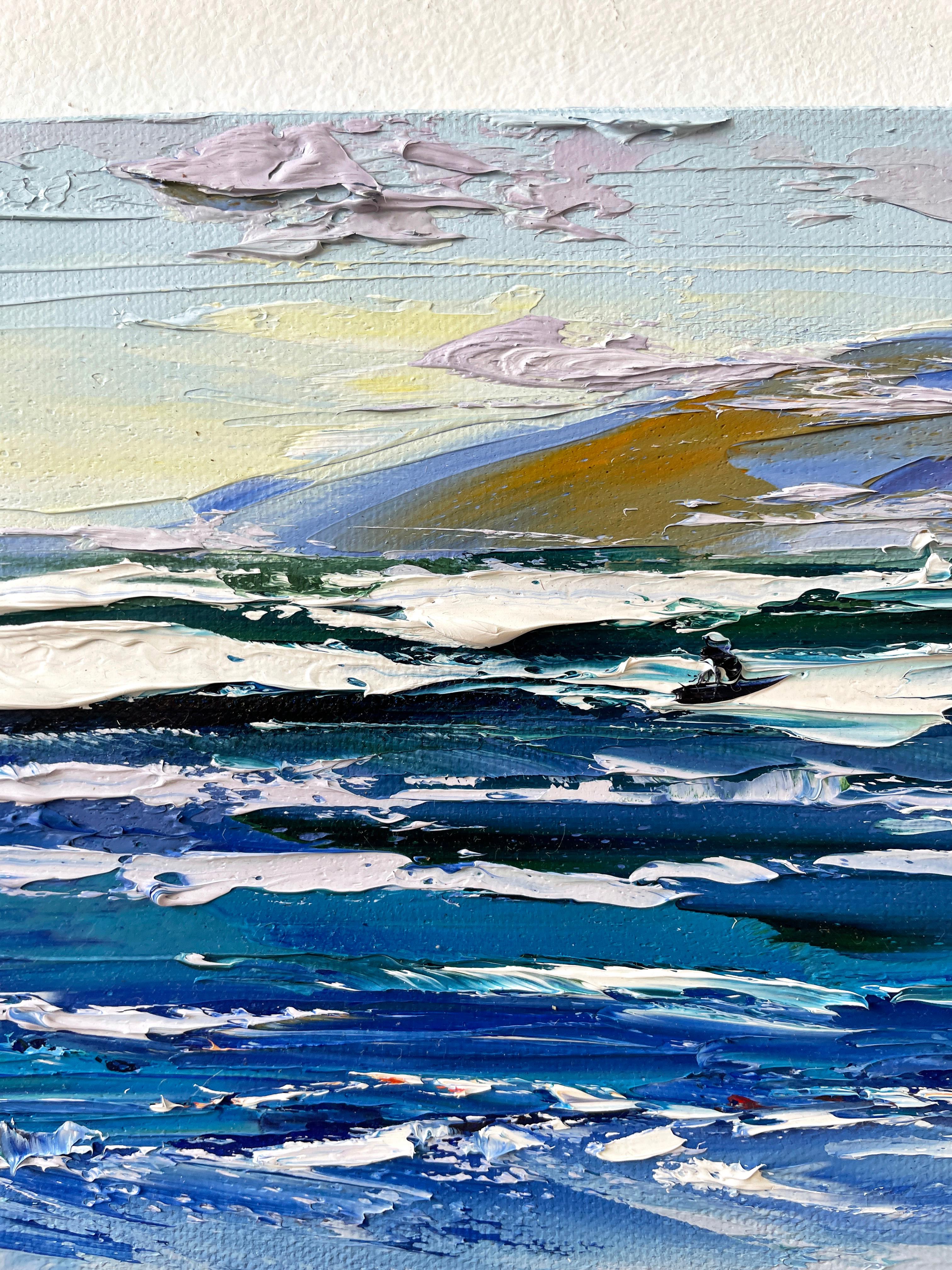 Surfer am Ocean Beach San Francisco, Ölgemälde (Grau), Landscape Painting, von Lisa Elley