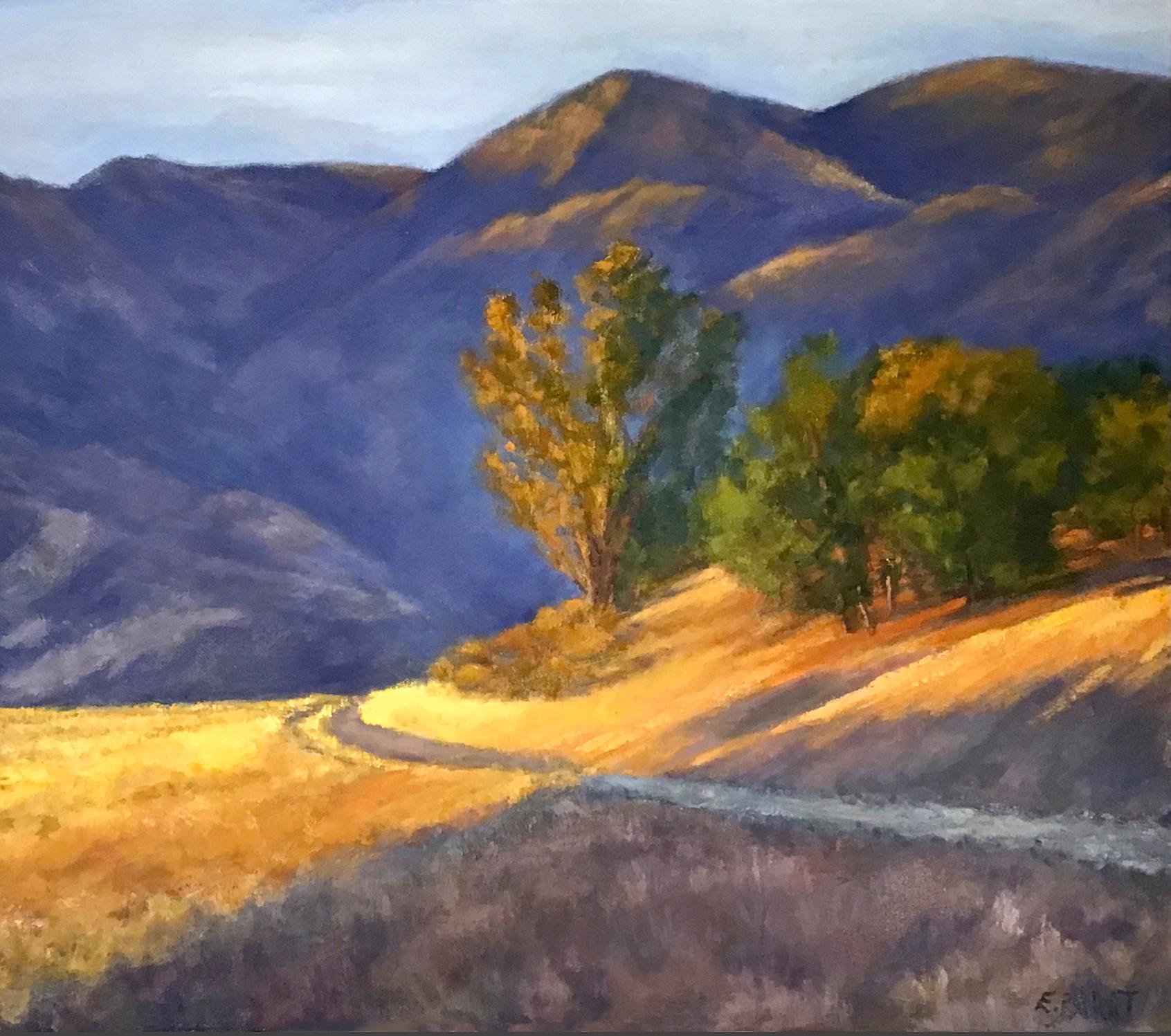 Elizabeth Garat Landscape Painting - Light and Shadow, Purple and Gold, Oil Painting