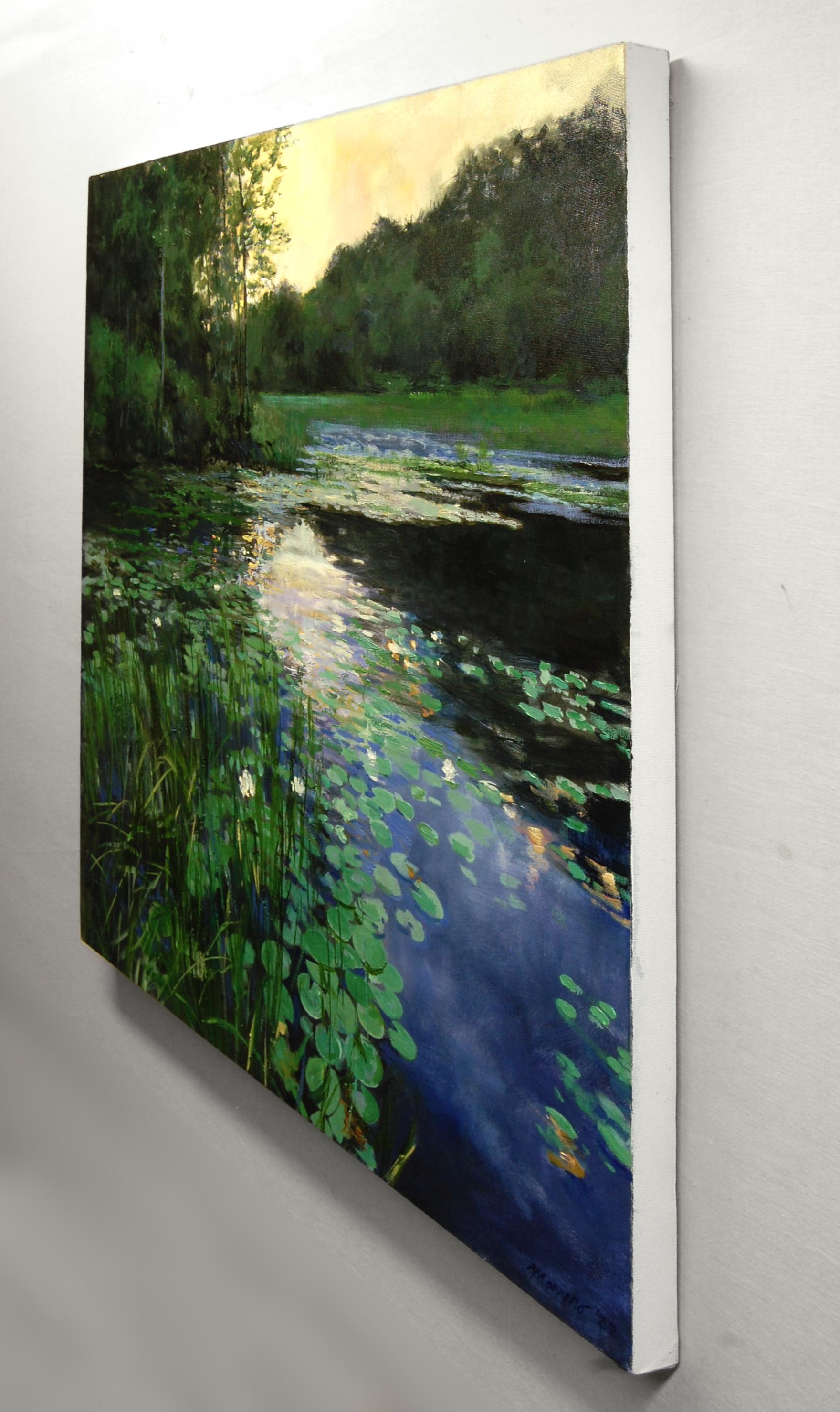 Dusk Over Hepner Pond, Oil Painting - Abstract Impressionist Art by Onelio Marrero