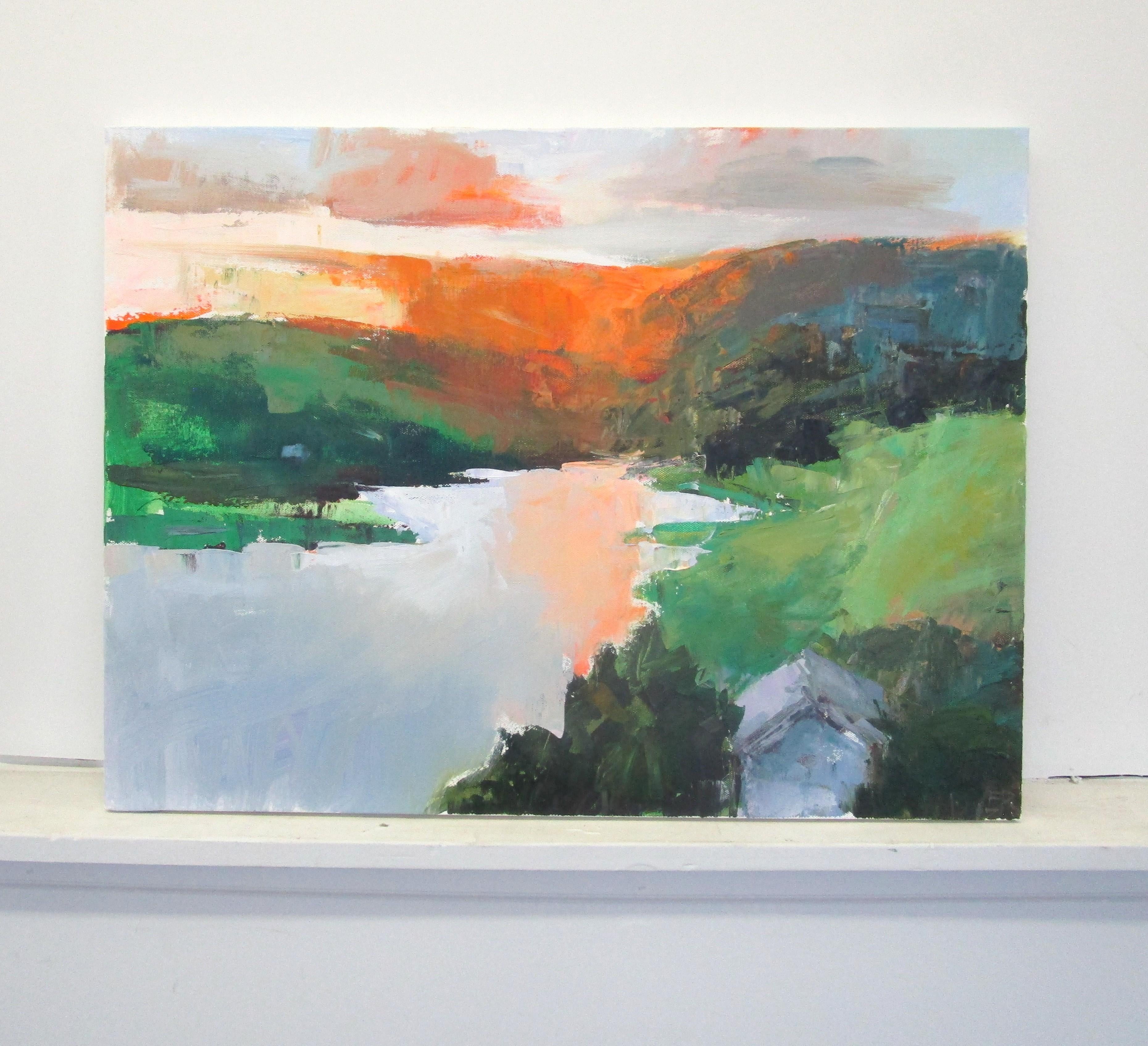<p>Kommentare des Künstlers<br>Die Künstlerin Janet Dyer malt einen expressionistischen Sonnenuntergang hinter Bergen am See. Sie fängt das warme orangefarbene Glühen der letzten Momente des Abstiegs ein. 