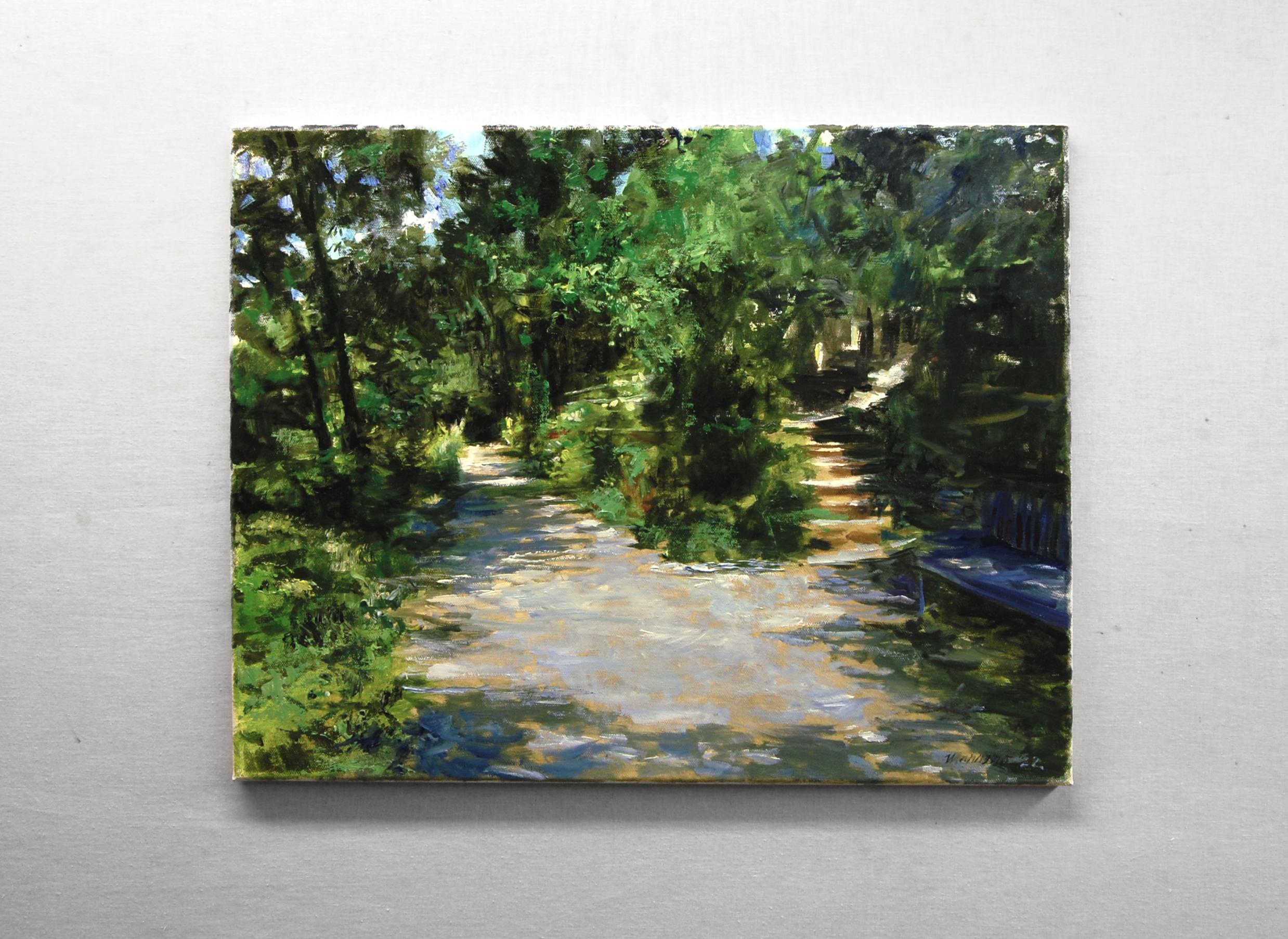 Lambertville Towpath, Oil Painting - Black Landscape Painting by Onelio Marrero