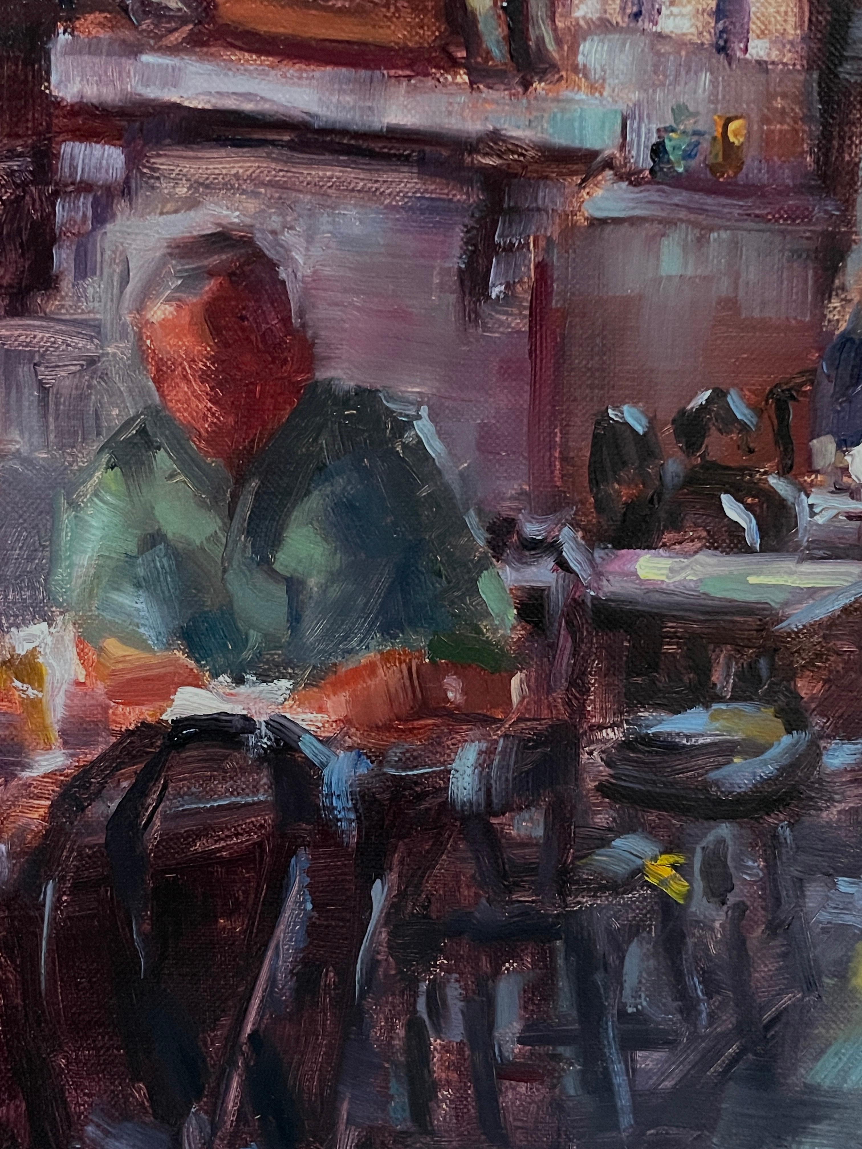 <p>Artist Comments<br>Artist Faye Vander Veer paints an impressionist scene of a cafe in the afternoon. She shows the relaxed and calm atmosphere of a little bistro. The late sunlight streams across the floor as the waiter carries a glass of wine to