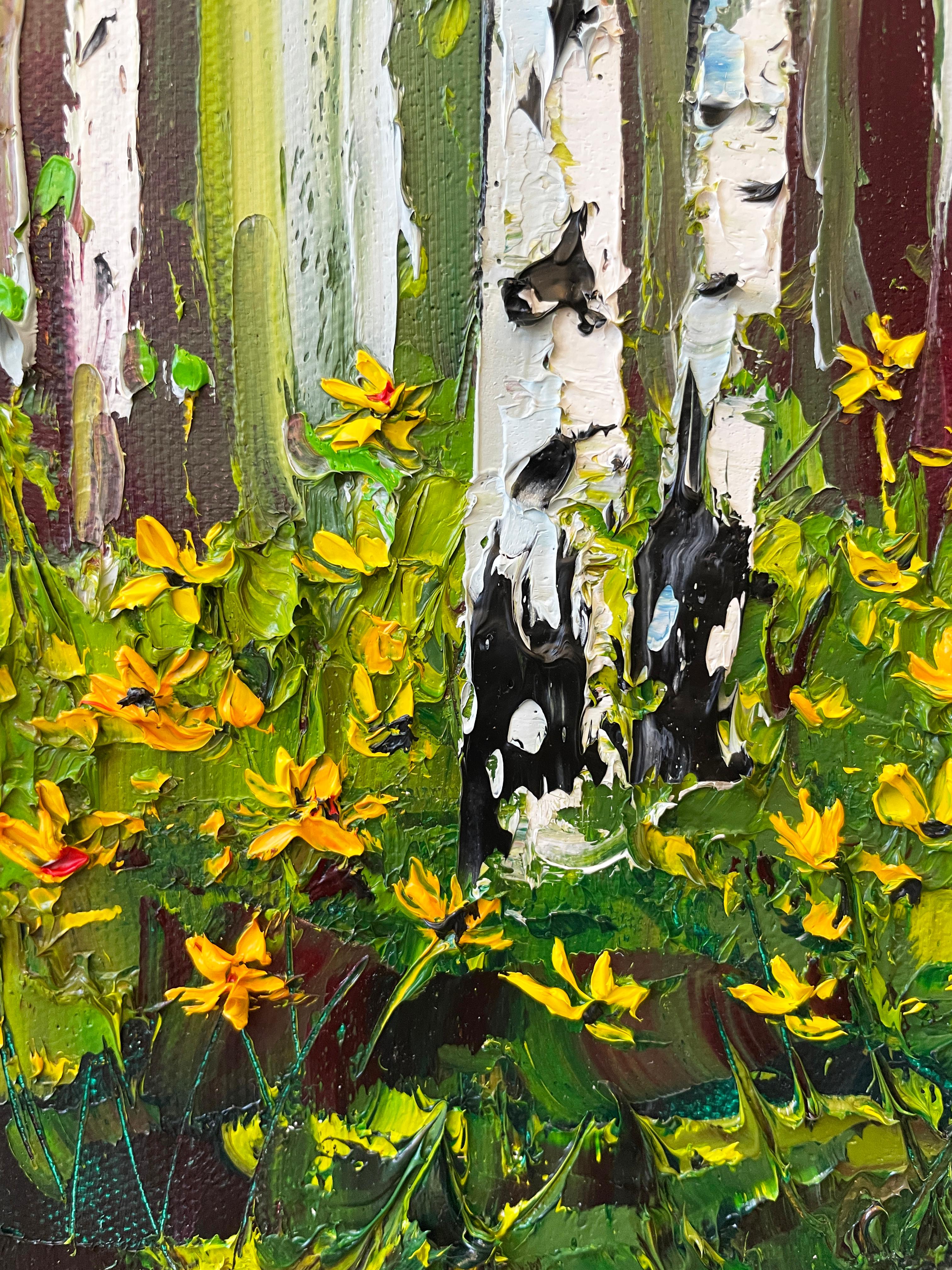 <p>Artist Comments<br>A fresh reiteration of artist Lisa Elley's signature birch trees. She paints the impressionist piece with deep impasto thickly applied with a palette knife. Lisa captures the gentle movement in the foliage and grass in a bright