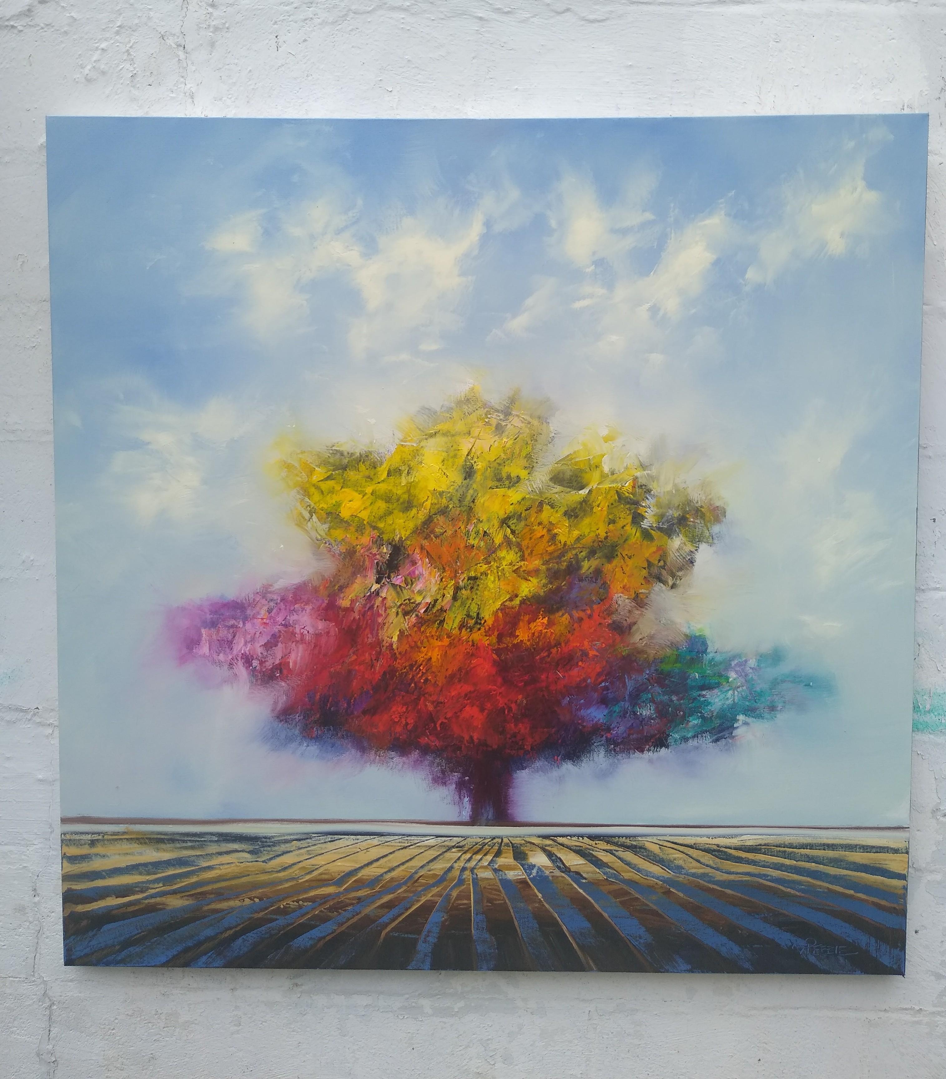 <p>Artist Comments<br>In his signature style, artist George Peebles depicts a colorful gigantic tree in the middle of a vast landscape. He portrays the temperate dressing of autumn in the tree's multi-hued feathery leaves. Clouds dreamily sail on
