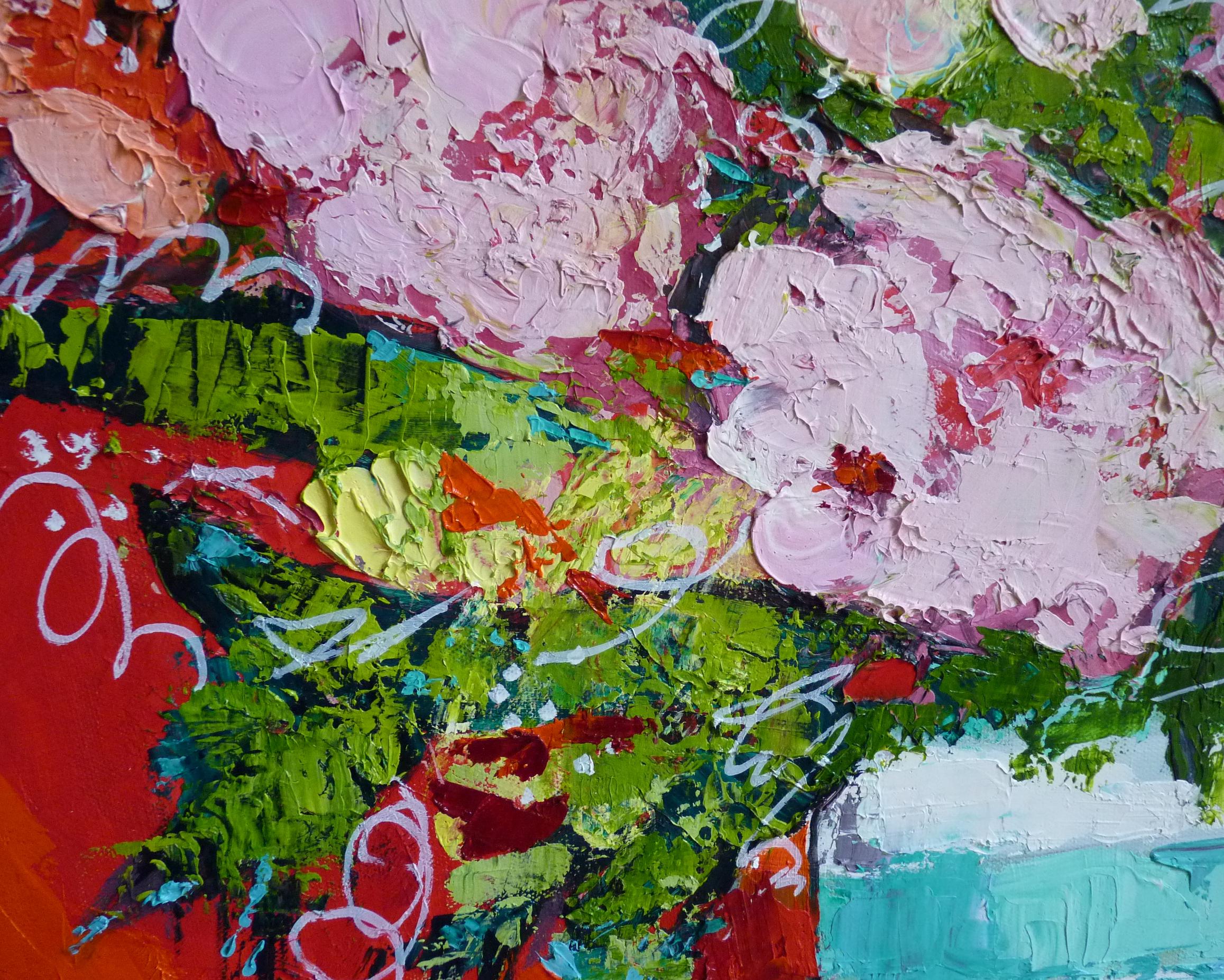 <p>Artist Comments<br>Artist Judy Mackey paints impressionist florals arranged in a striped cylindrical vase. She uses a bright red background inspired by the Texas hot summer where she lives.  The pastel bouquet and cool-colored vase balance the