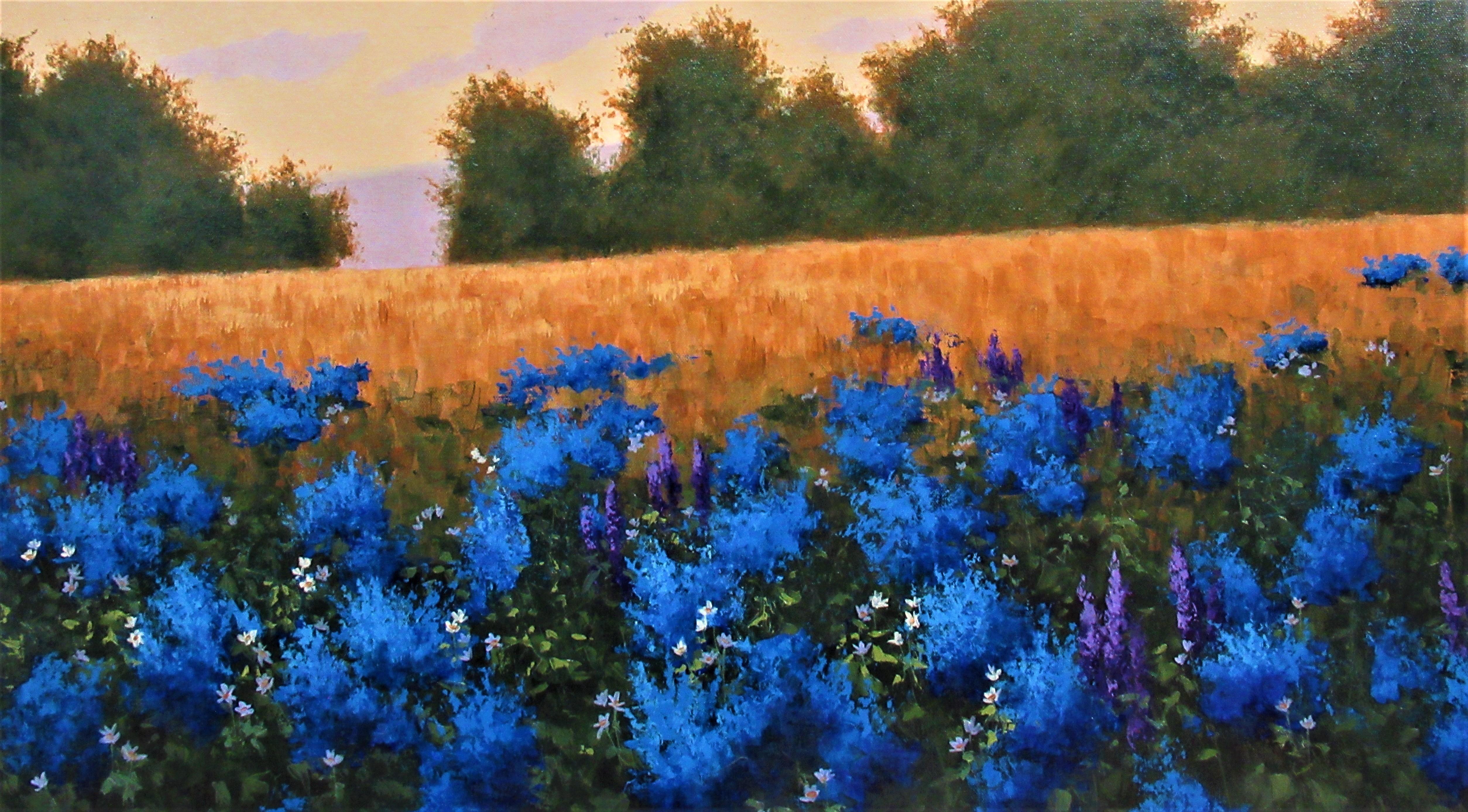 Peinture d'origine - champ bleu - Noir Landscape Painting par Robert Pennor